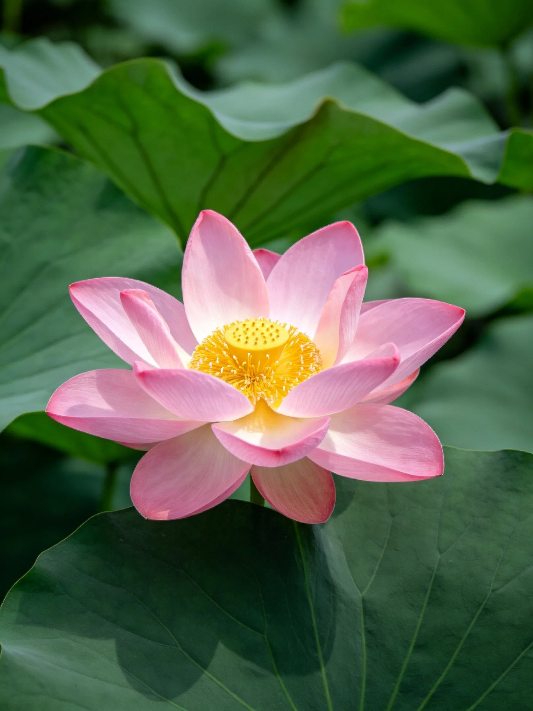 A vibrant pink lotus with yellow center amid large green leaves