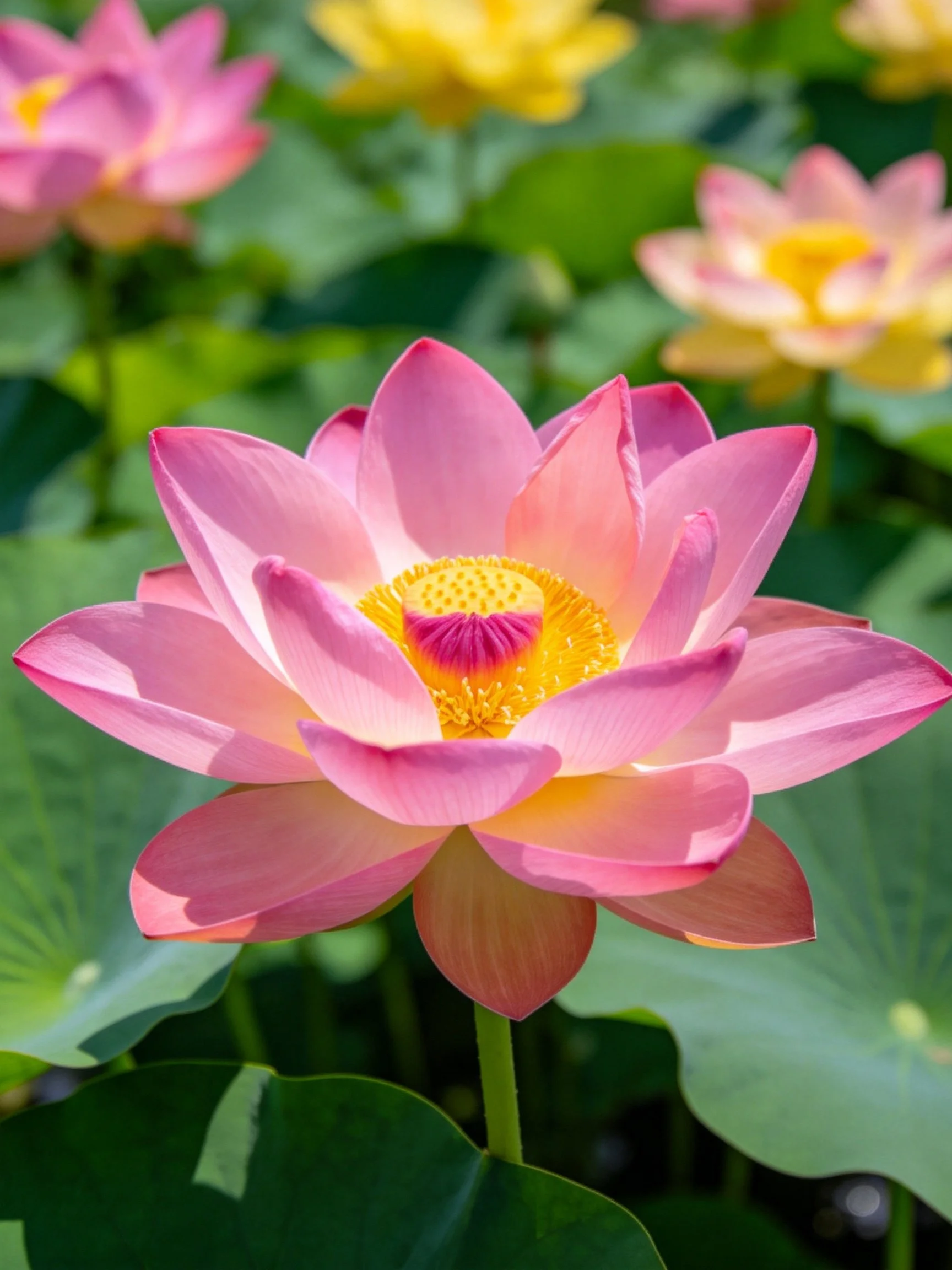 A vibrant pink lotus with yellow center among green foliage
