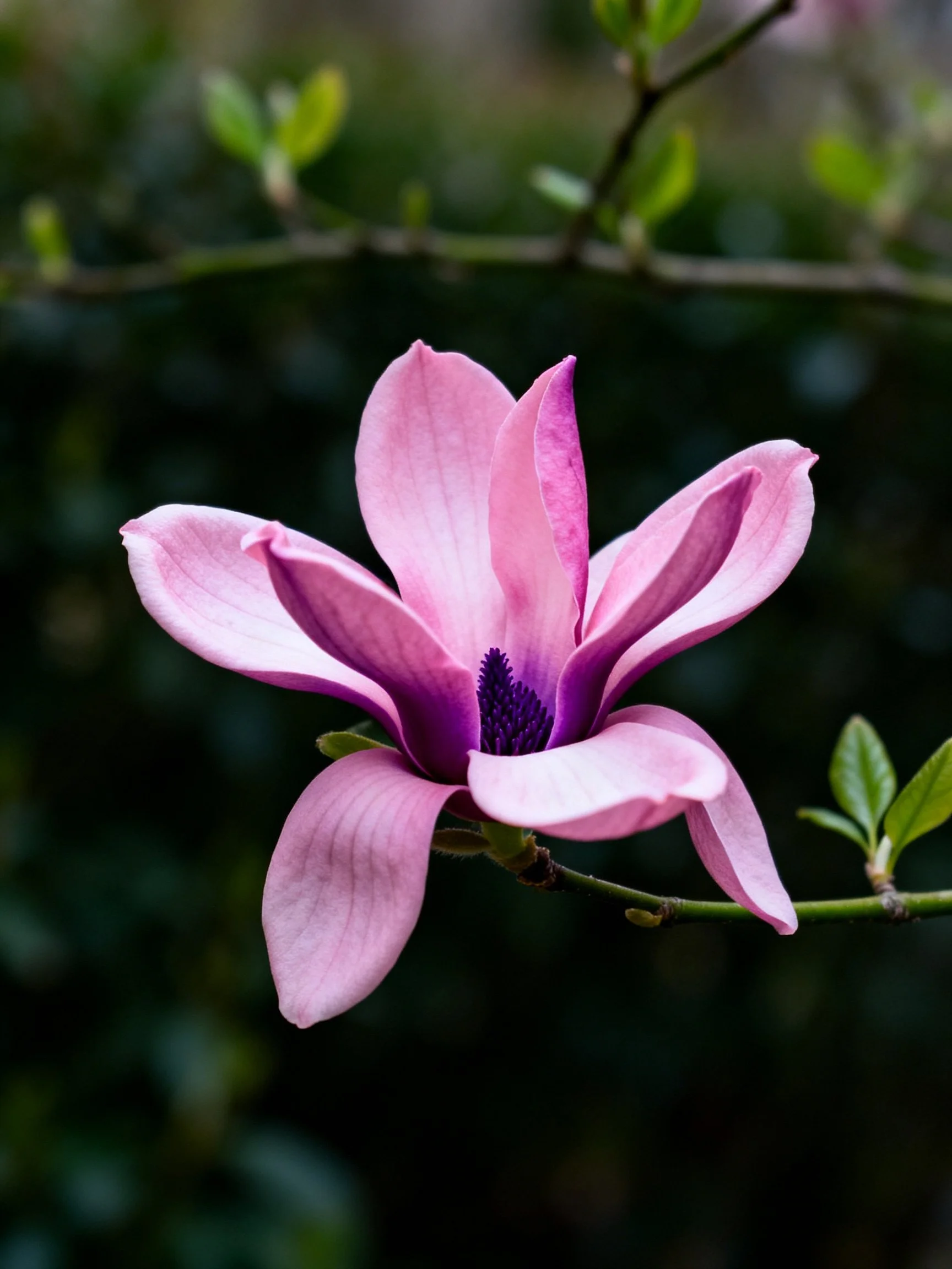 A vibrant pink magnolia flower with purple center blooms on a branch