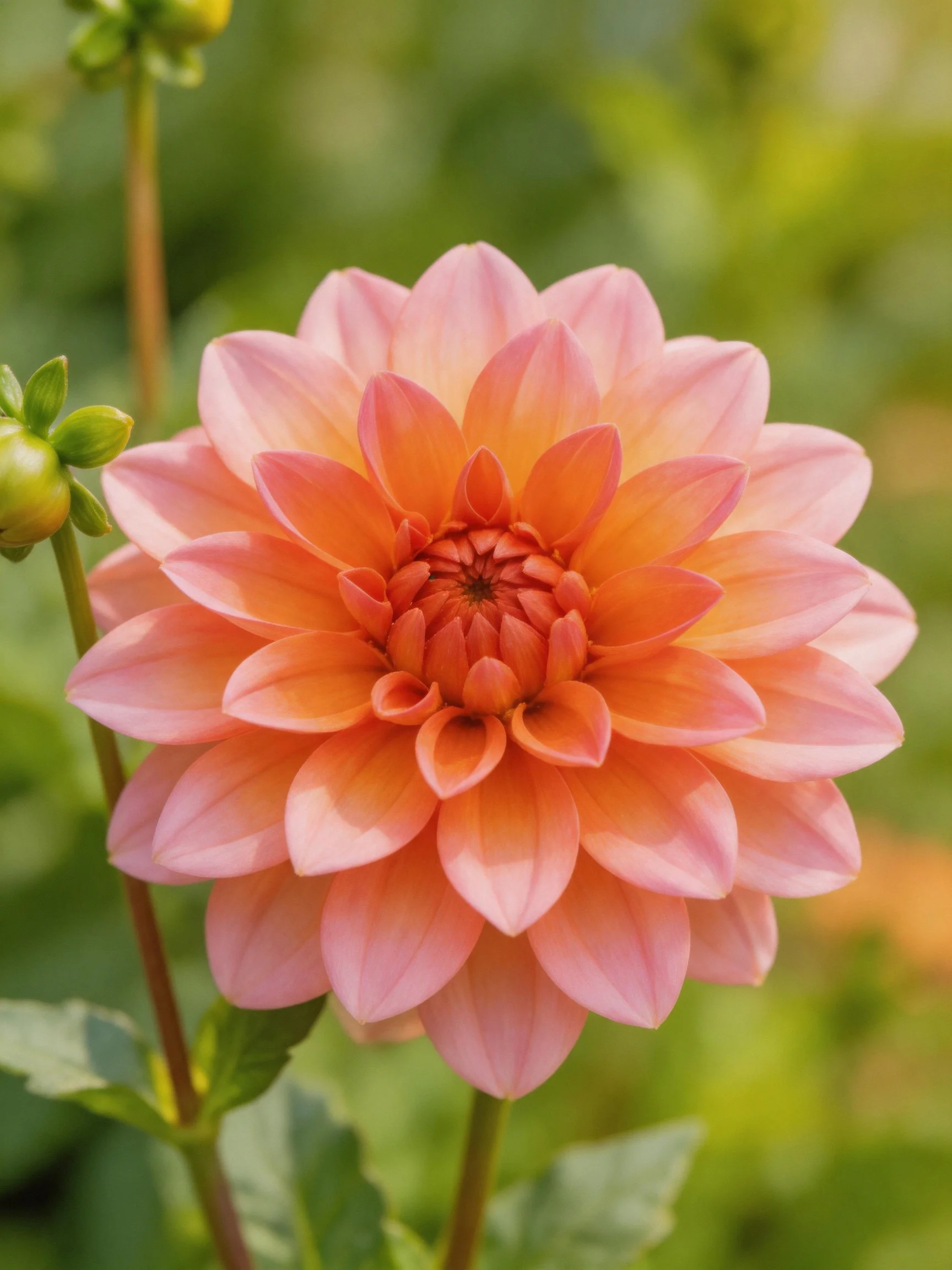 A vibrant pink-orange dahlia with layered petals