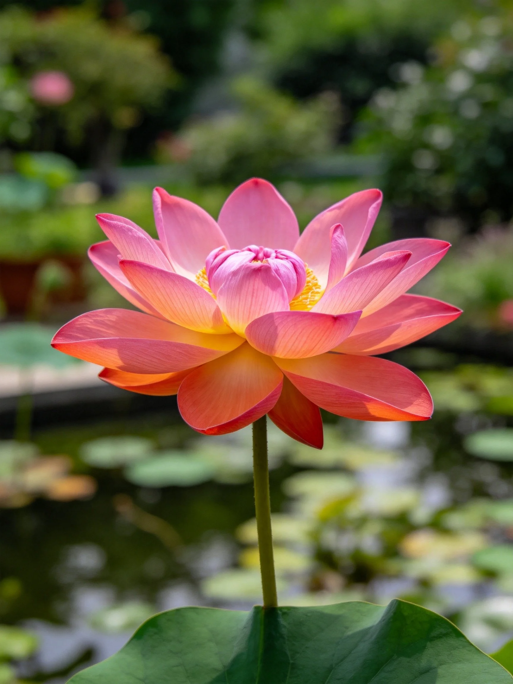 A vibrant pink-orange lotus blooms by a serene pond