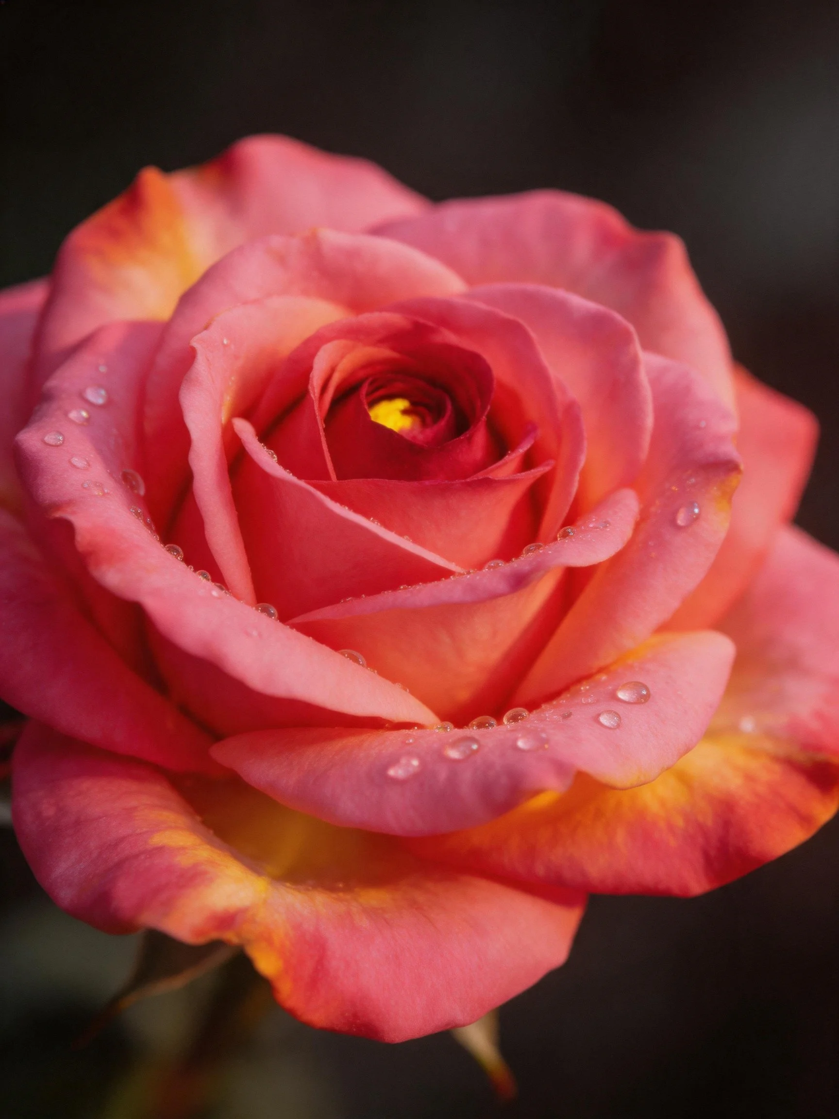 A vibrant pink-orange rose with water droplets on petals