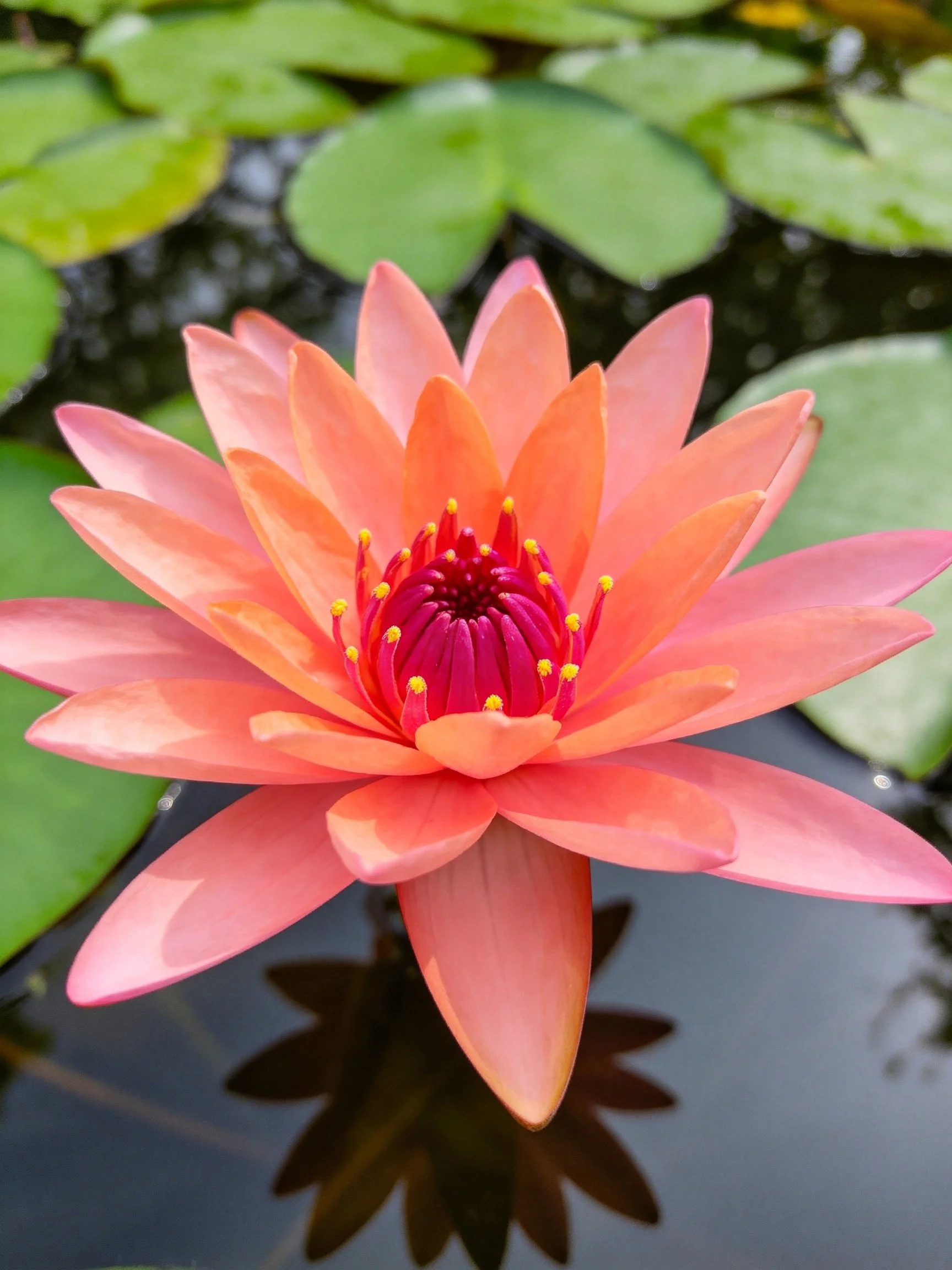 A vibrant pink-orange water lily blooms among green lily pads