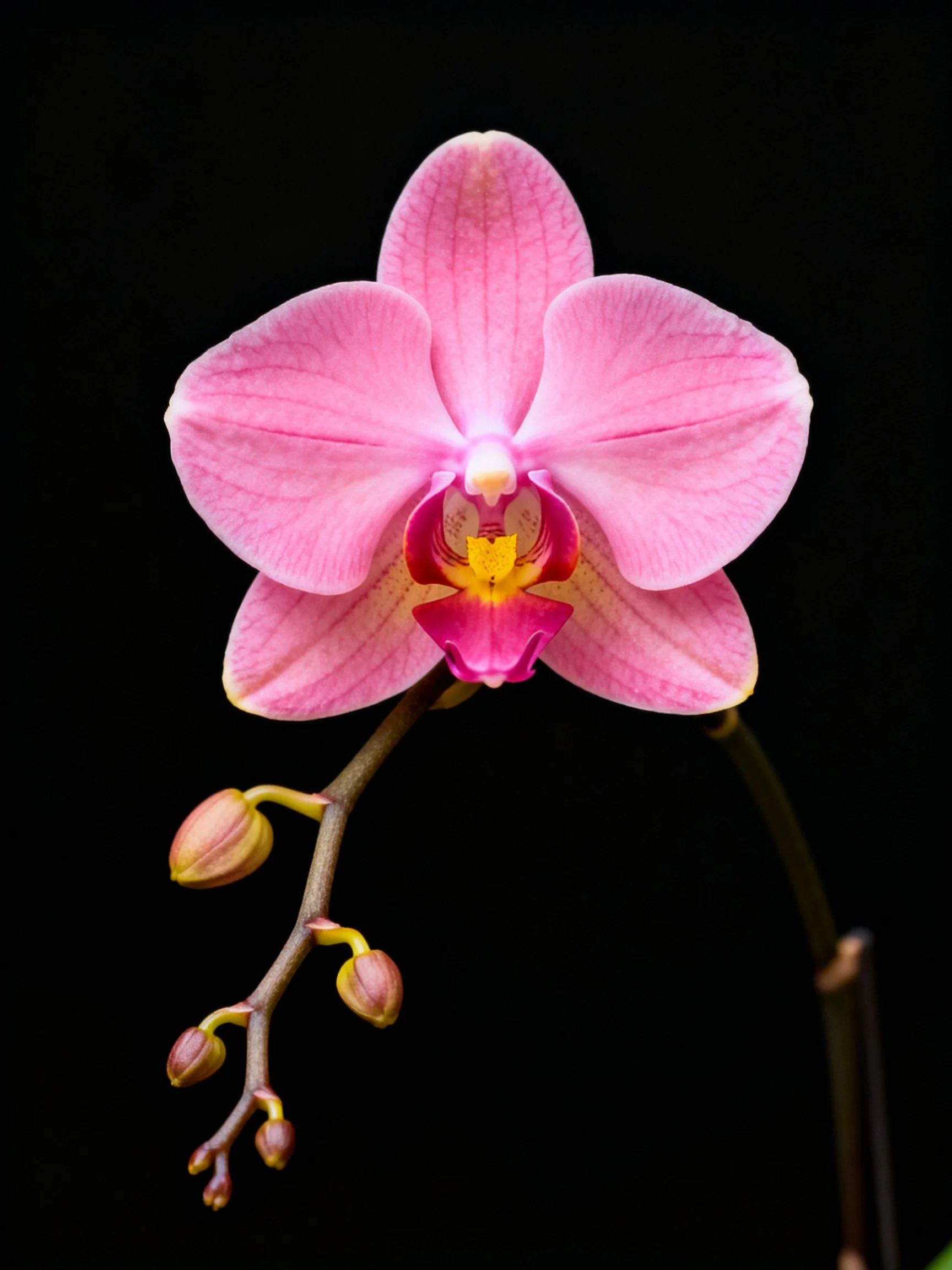 A vibrant pink orchid with budding stems against a black backdrop