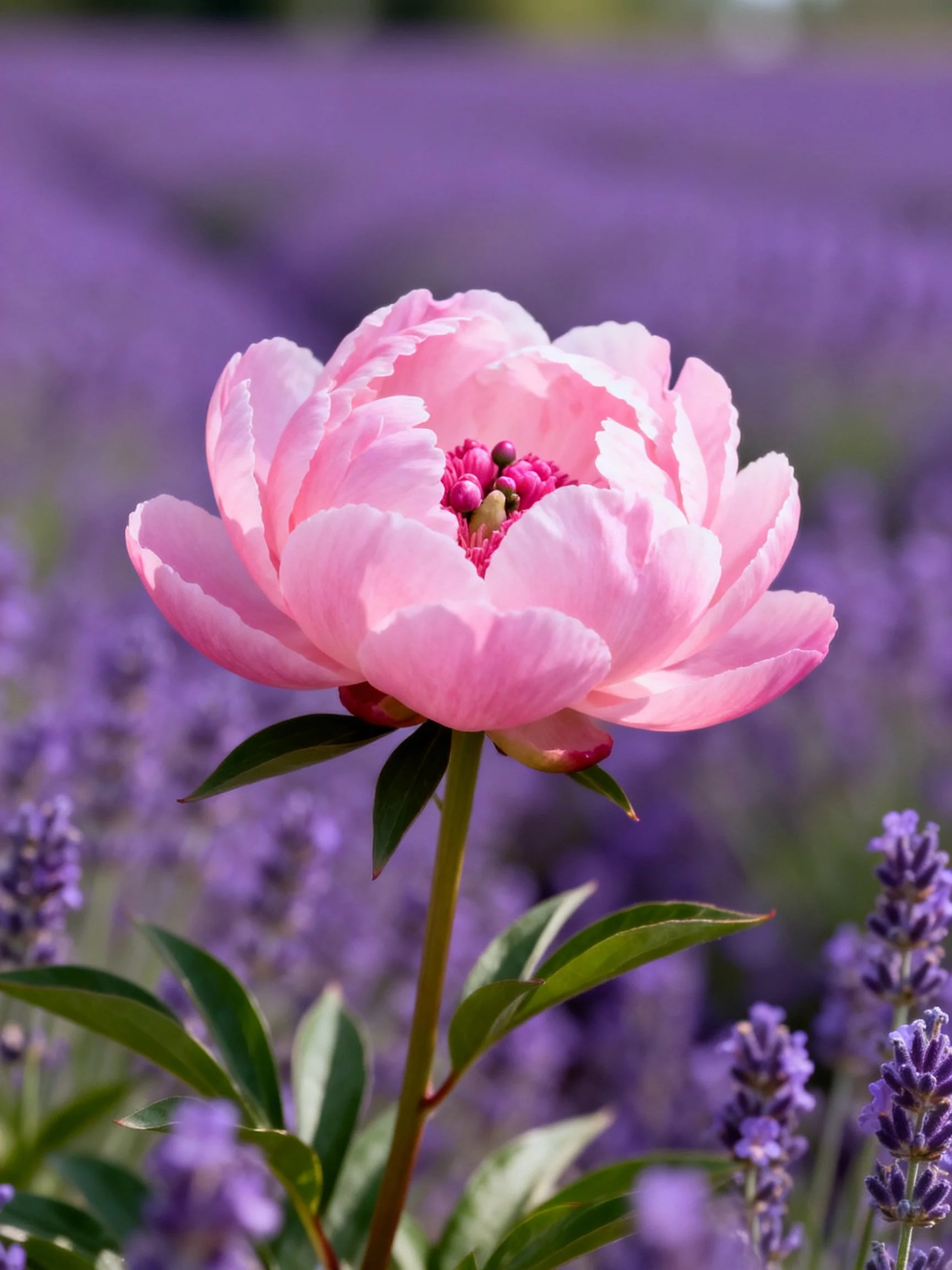 A vibrant pink peony blooms amid lavender fields