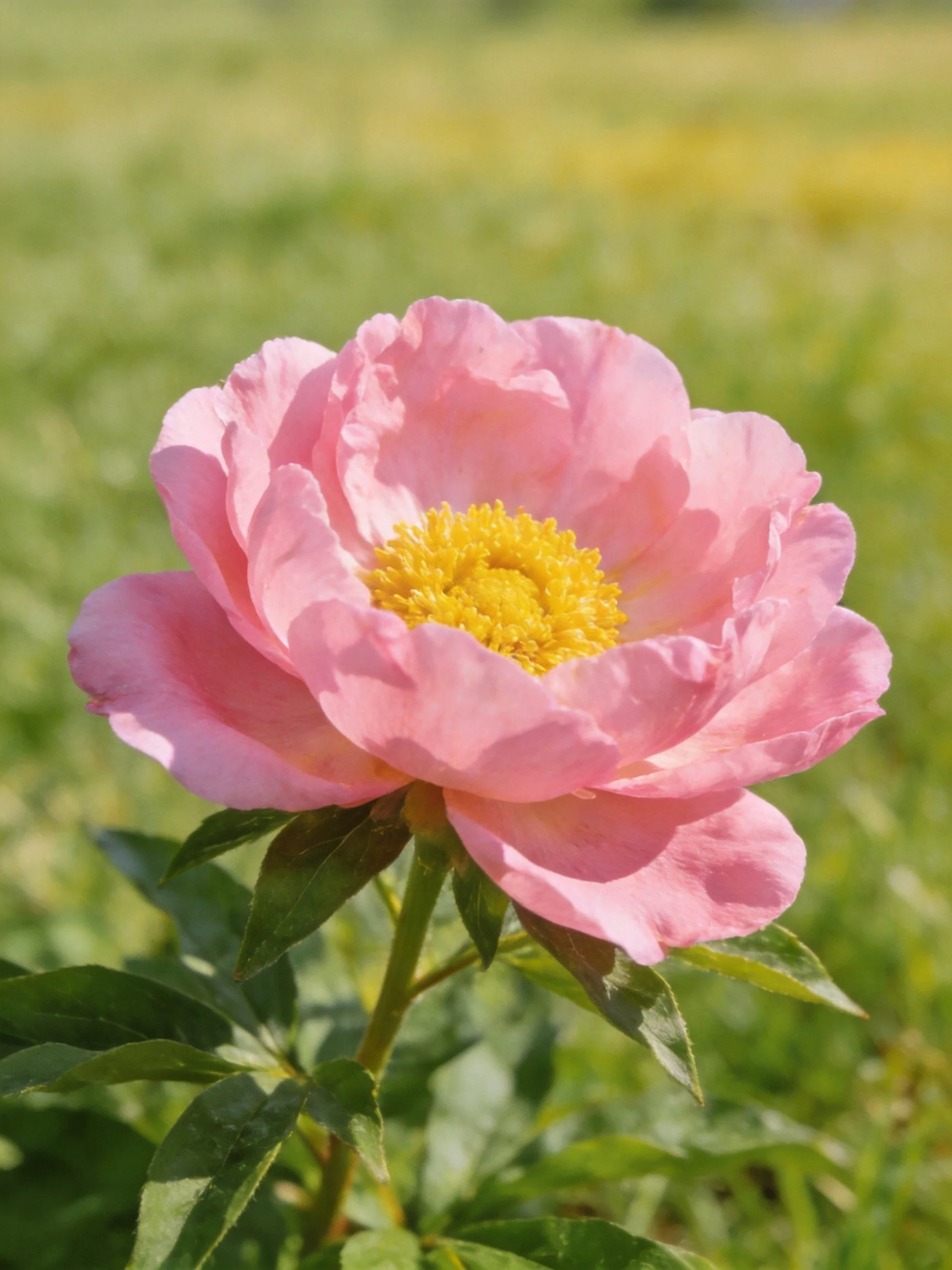 A vibrant pink peony with a bright yellow center in a green field