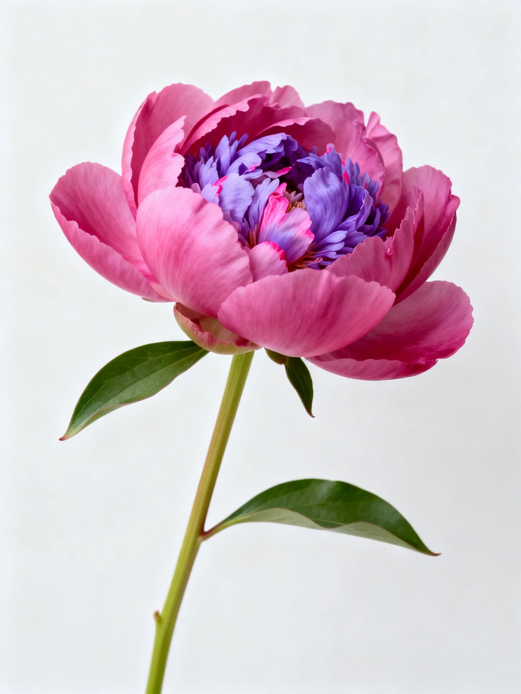 A vibrant pink peony with a purple center and green stem