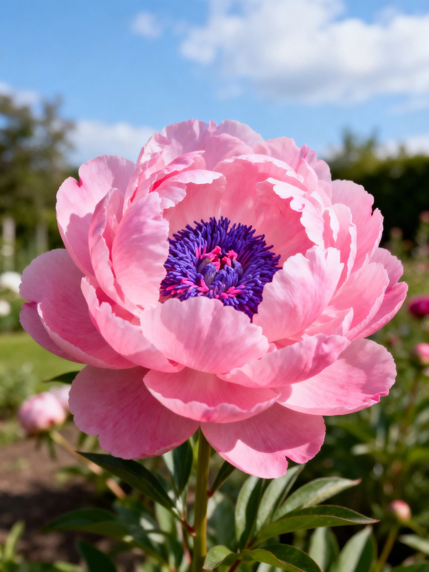 A vibrant pink peony with deep purple center in a sunny garden