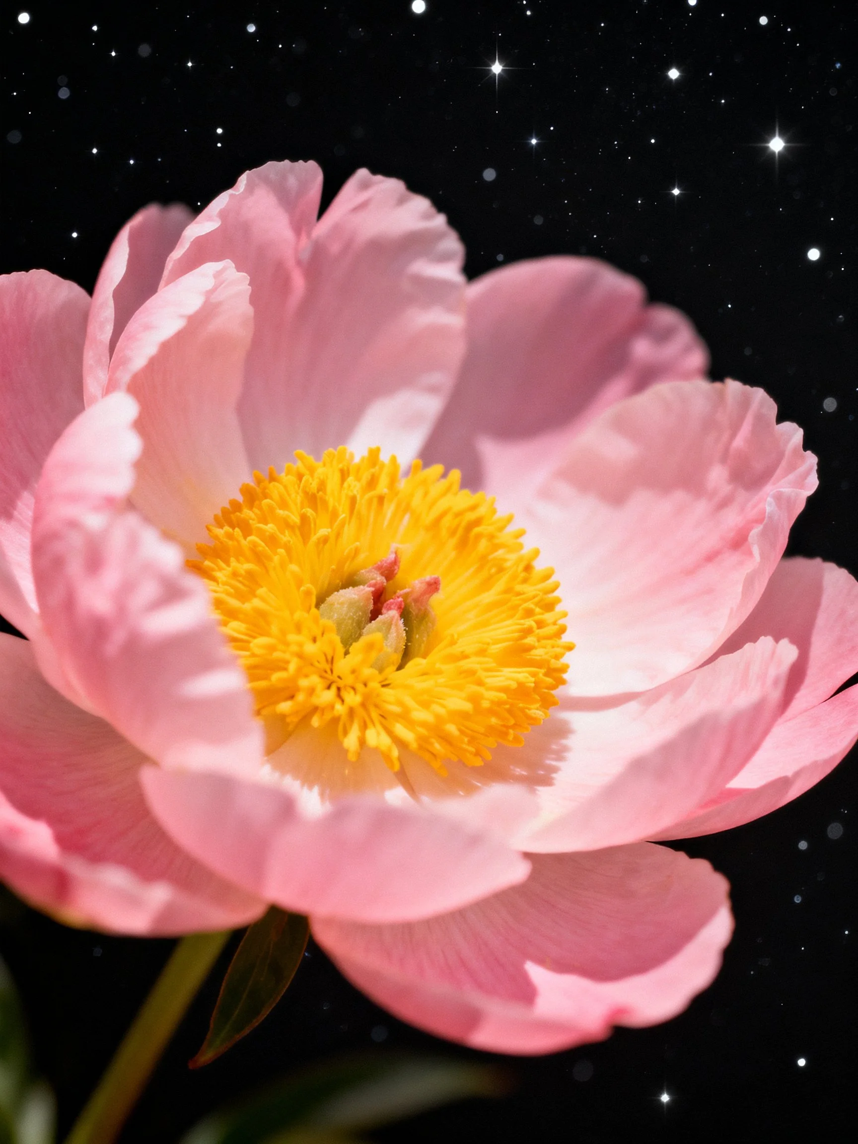 A vibrant pink peony with golden center against a starry black backdrop