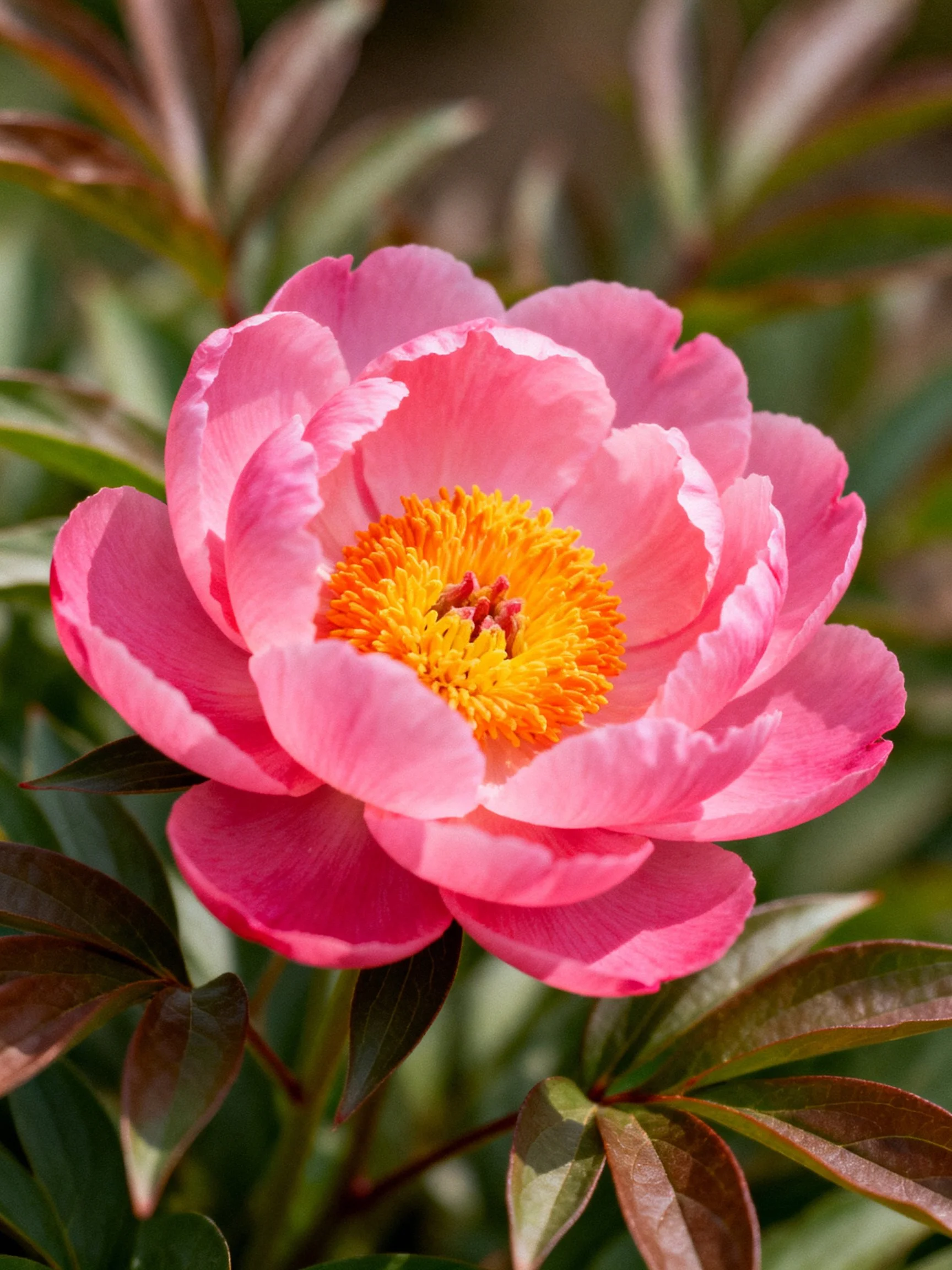 A vibrant pink peony with layered petals and a bright yellow center