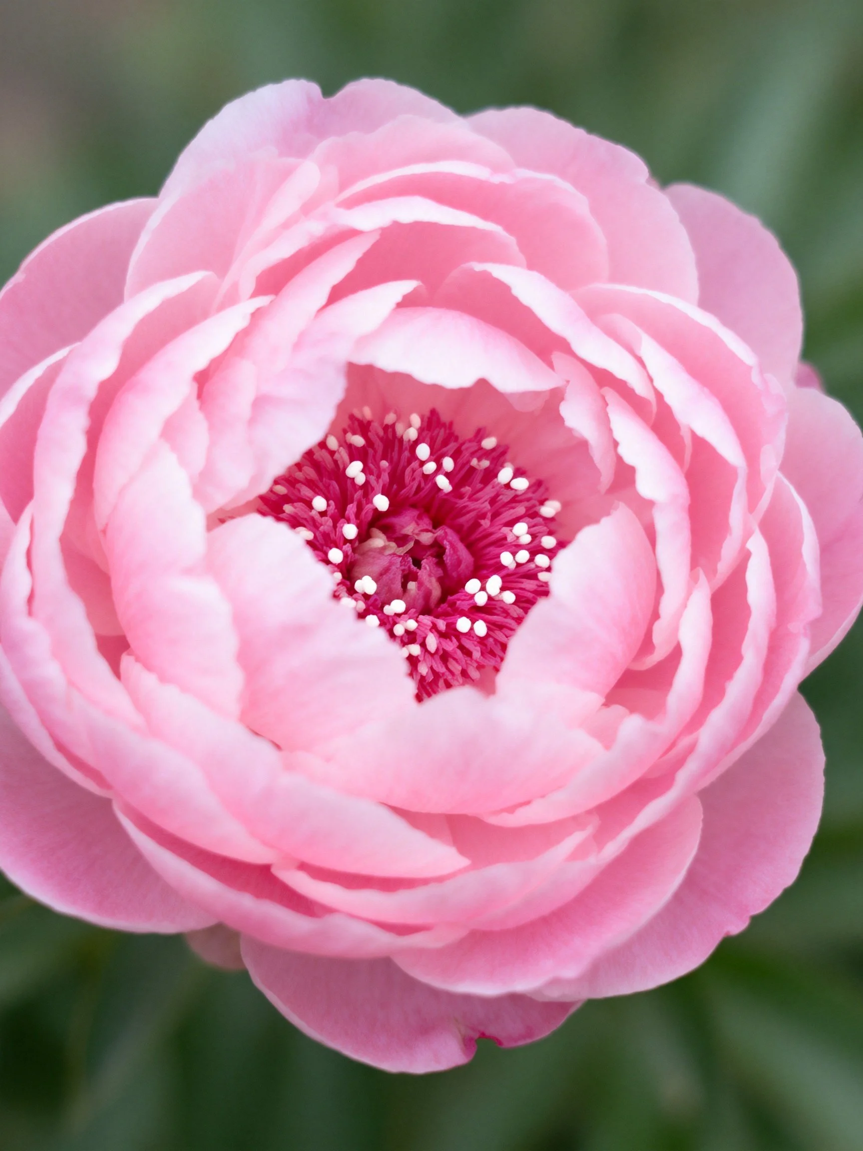 A vibrant pink peony with layered petals and a magenta center