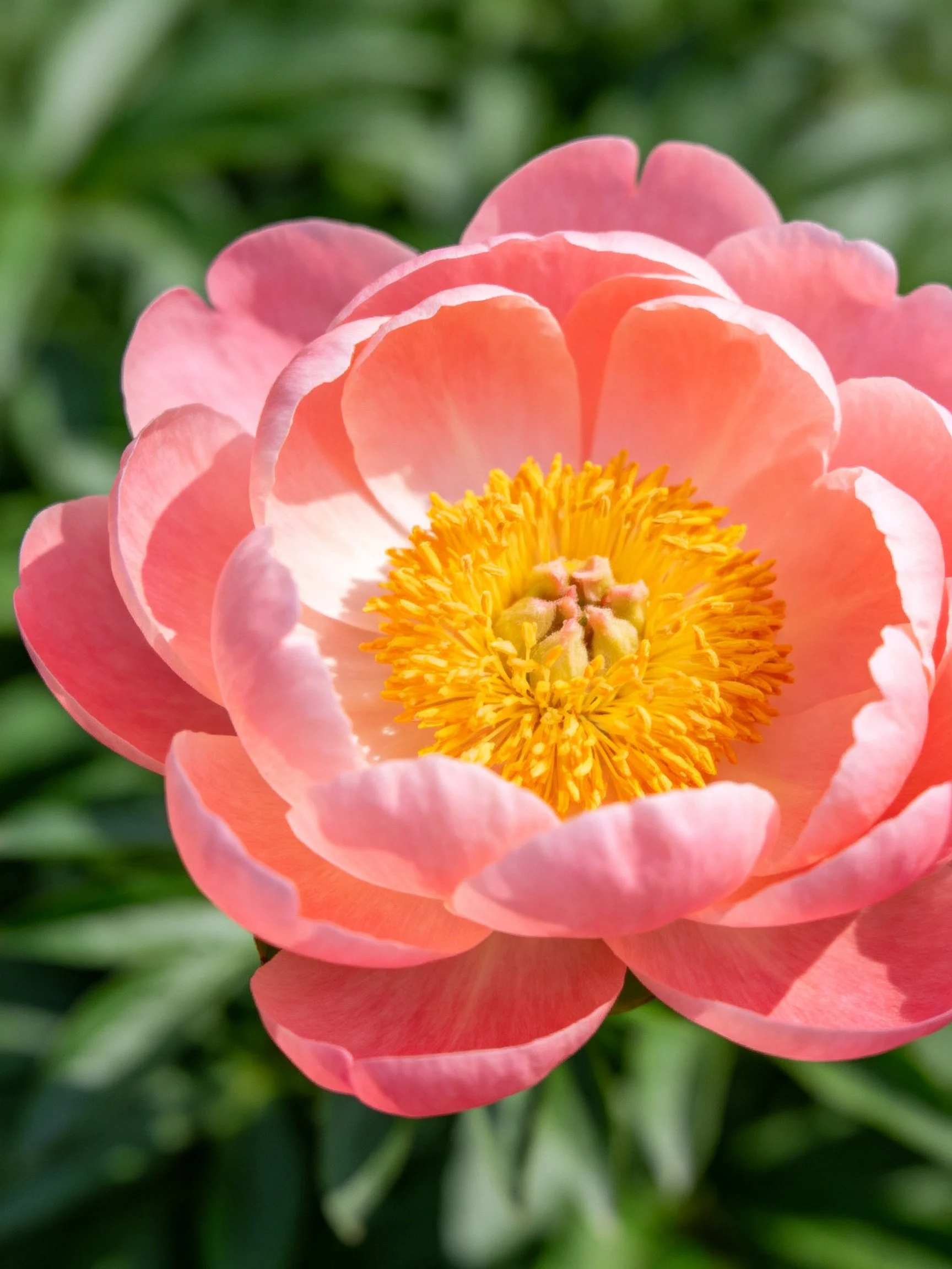 A vibrant pink peony with layered petals and golden center