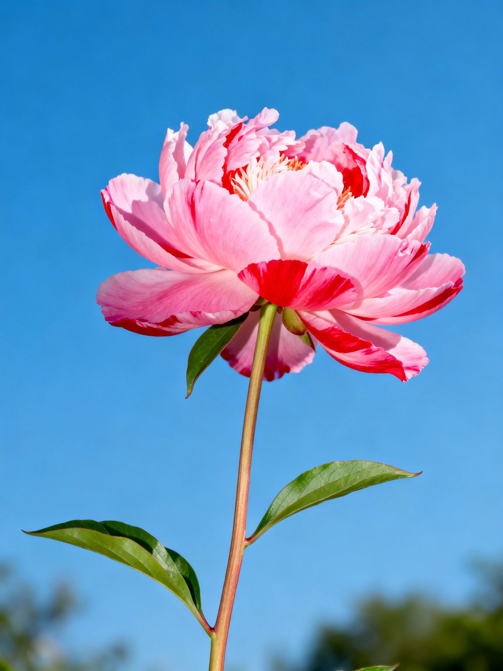 A vibrant pink peony with red accents against a clear blue sky