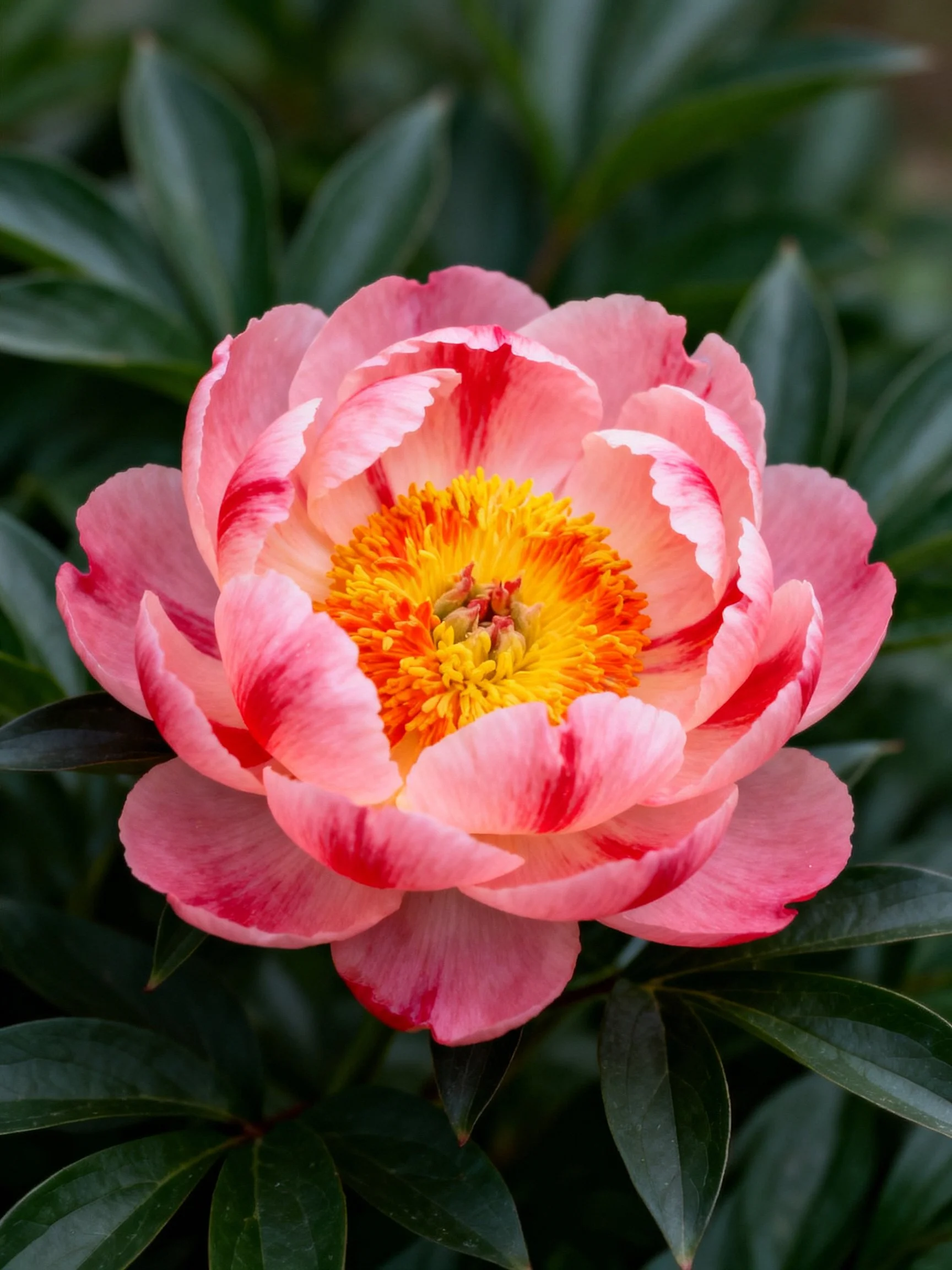 A vibrant pink peony with red streaks and golden center