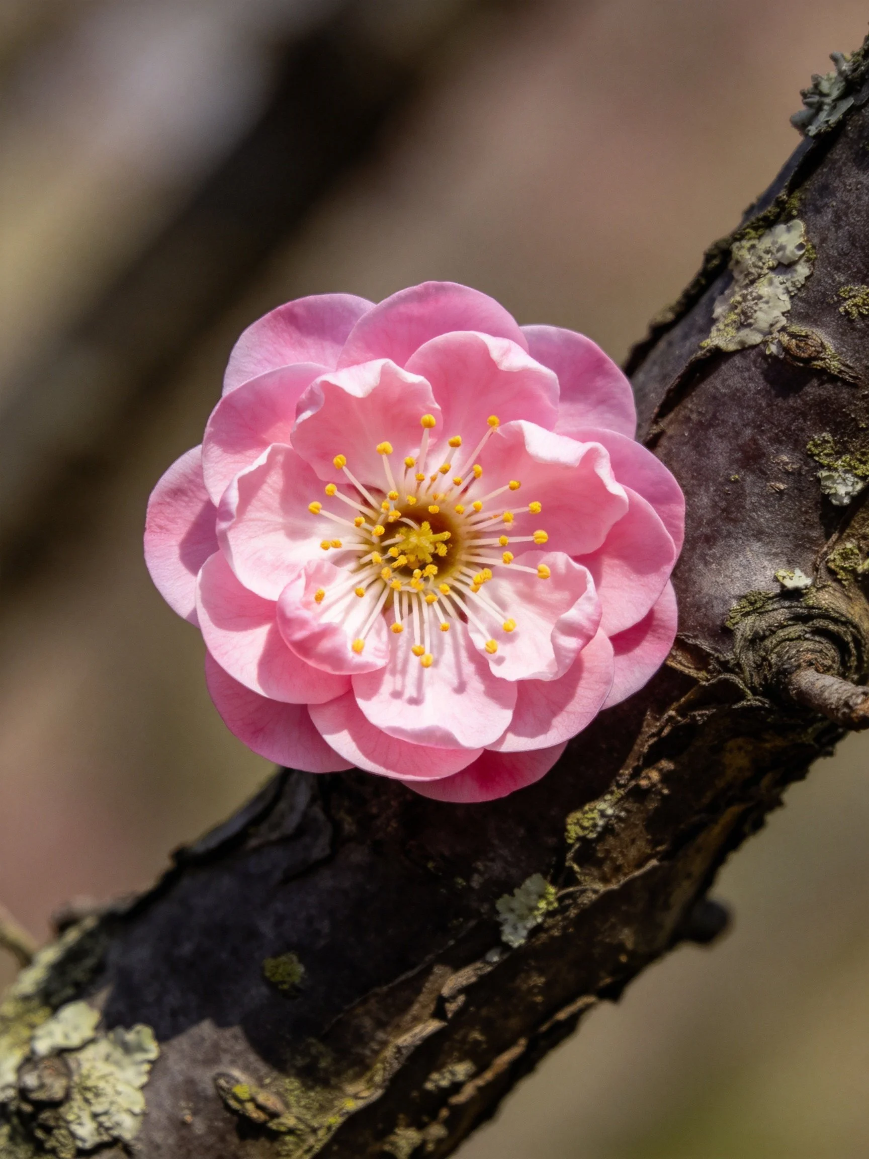 A vibrant pink plum blossom adorns an aged, lichen-speckled tree branch