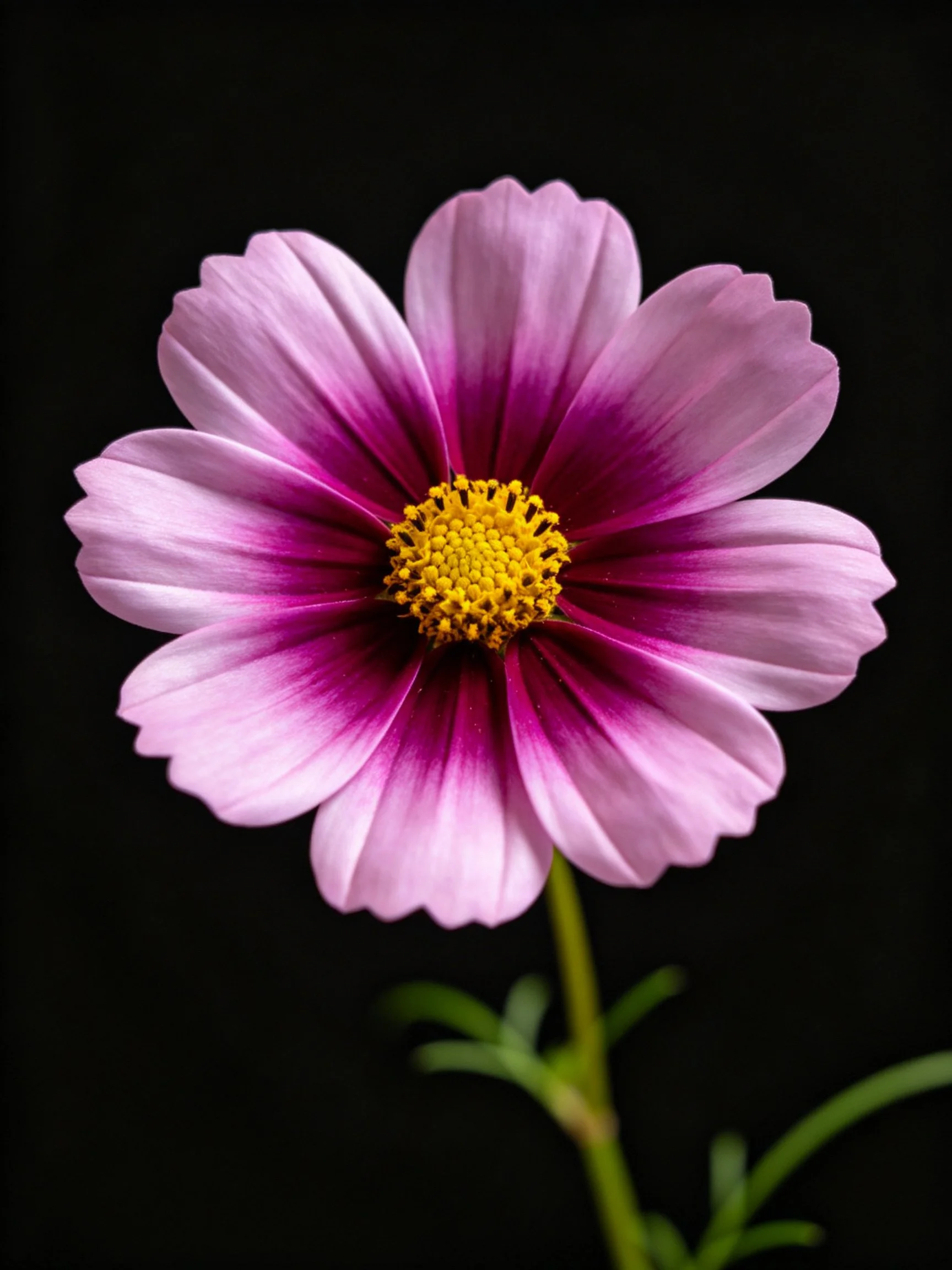 A vibrant pink-purple cosmos flower with a golden center