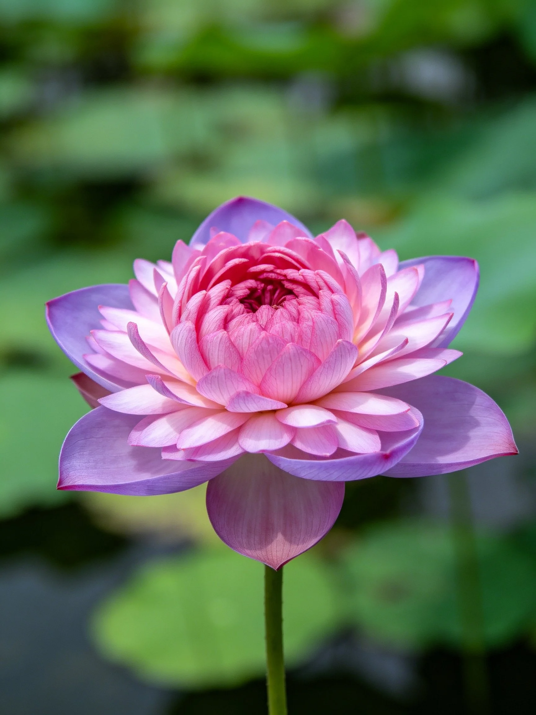 A vibrant pink-purple lotus blooms amid blurred green foliage