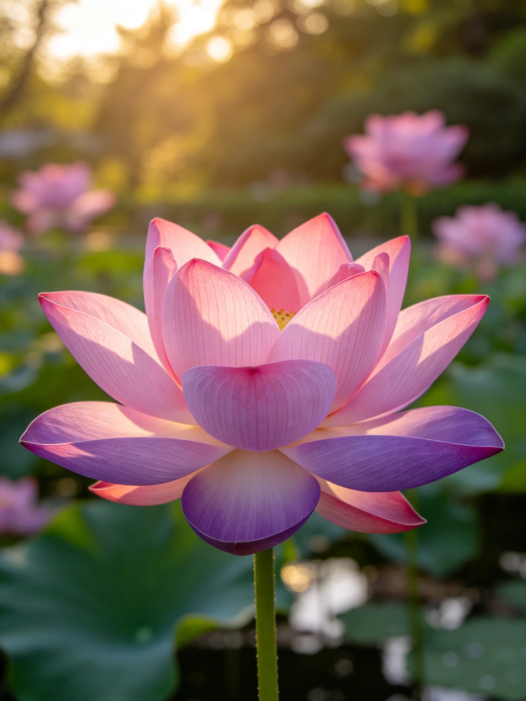 A vibrant pink-purple lotus blooms amid green foliage under golden sunlight