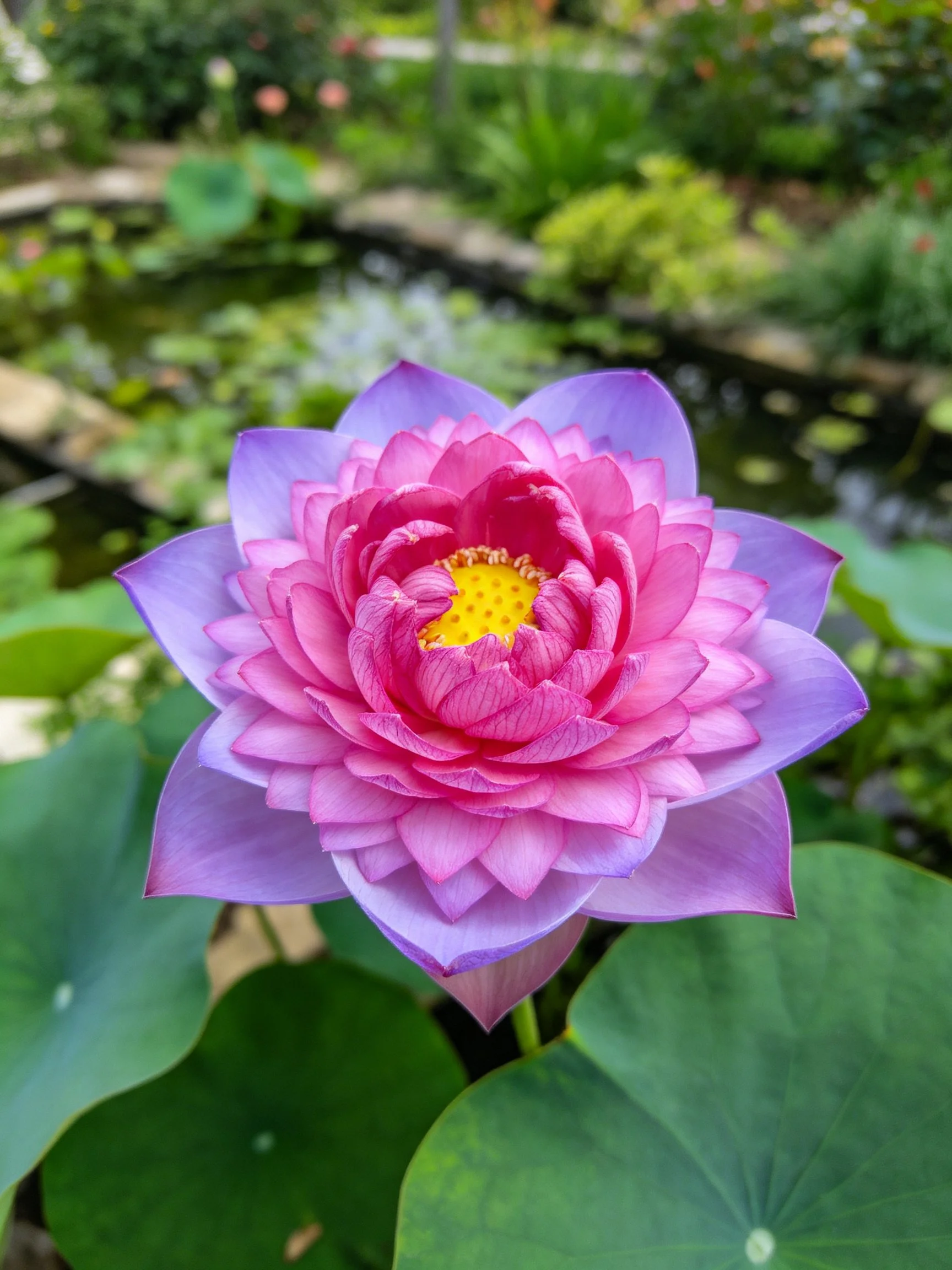 A vibrant pink-purple lotus with layered petals near a pond