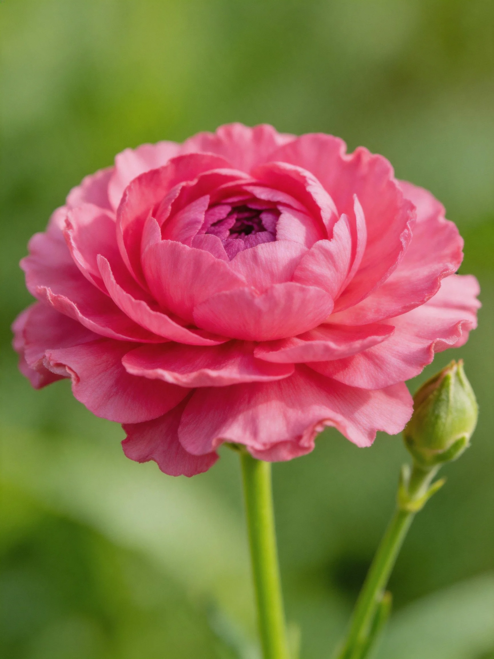 A vibrant pink ranunculus flower with a green bud