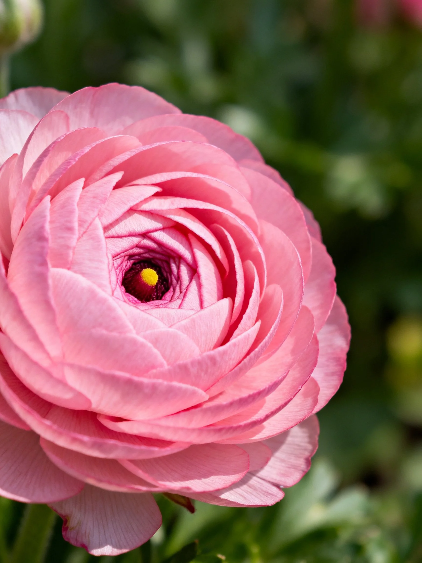 A vibrant pink ranunculus flower with layered petals and a yellow center