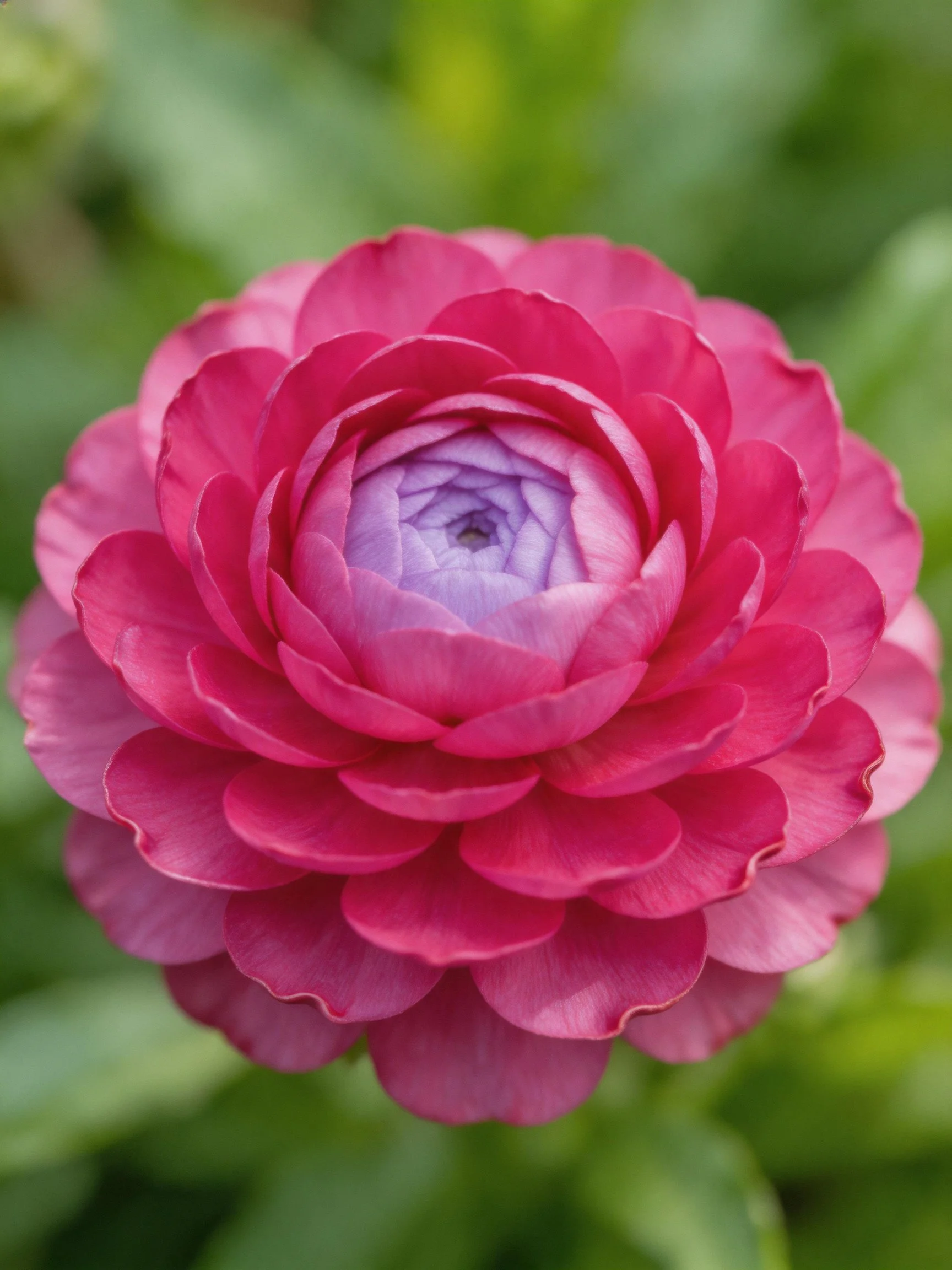 A vibrant pink ranunculus with layered petals and purple center