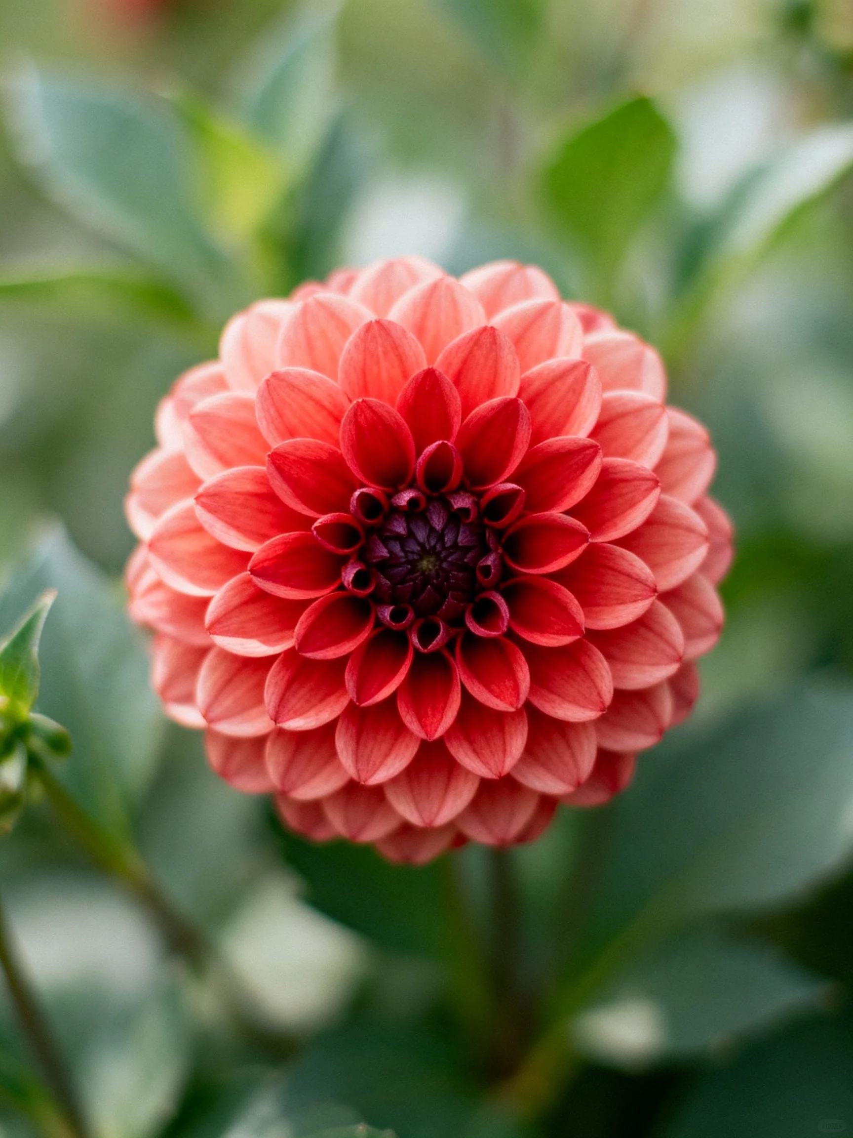 A vibrant pink-red dahlia with layered petals amidst green foliage.