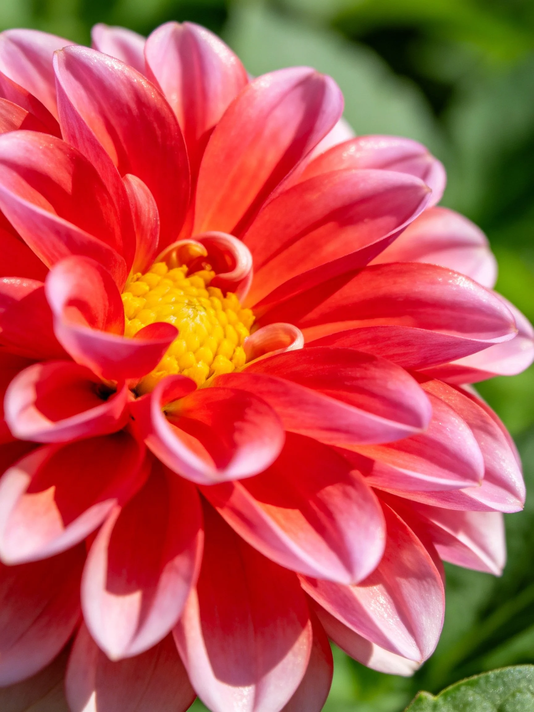 A vibrant pink-red dahlia with layered petals and a yellow center, close-up