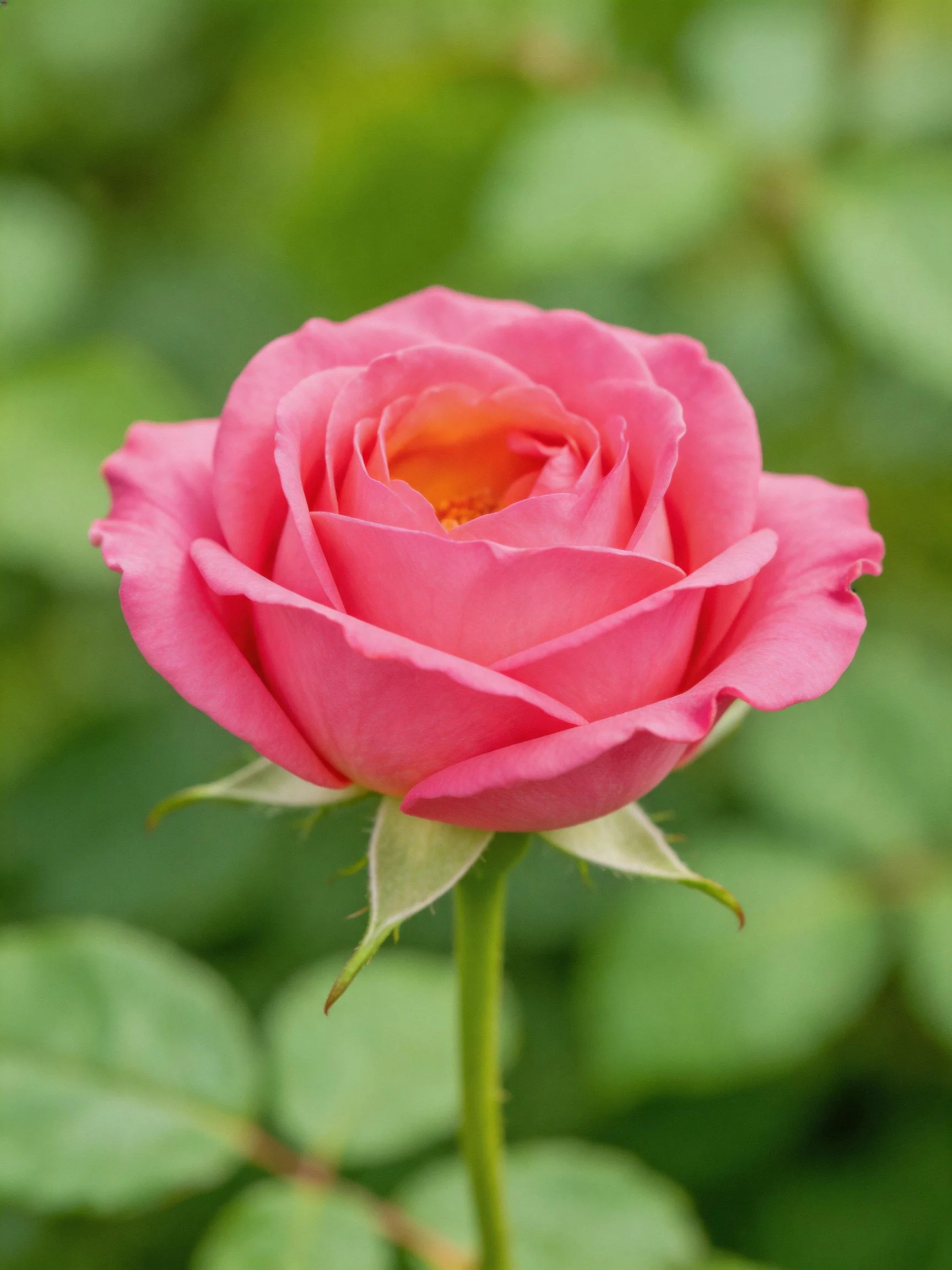 A vibrant pink rose in full bloom amidst lush greenery