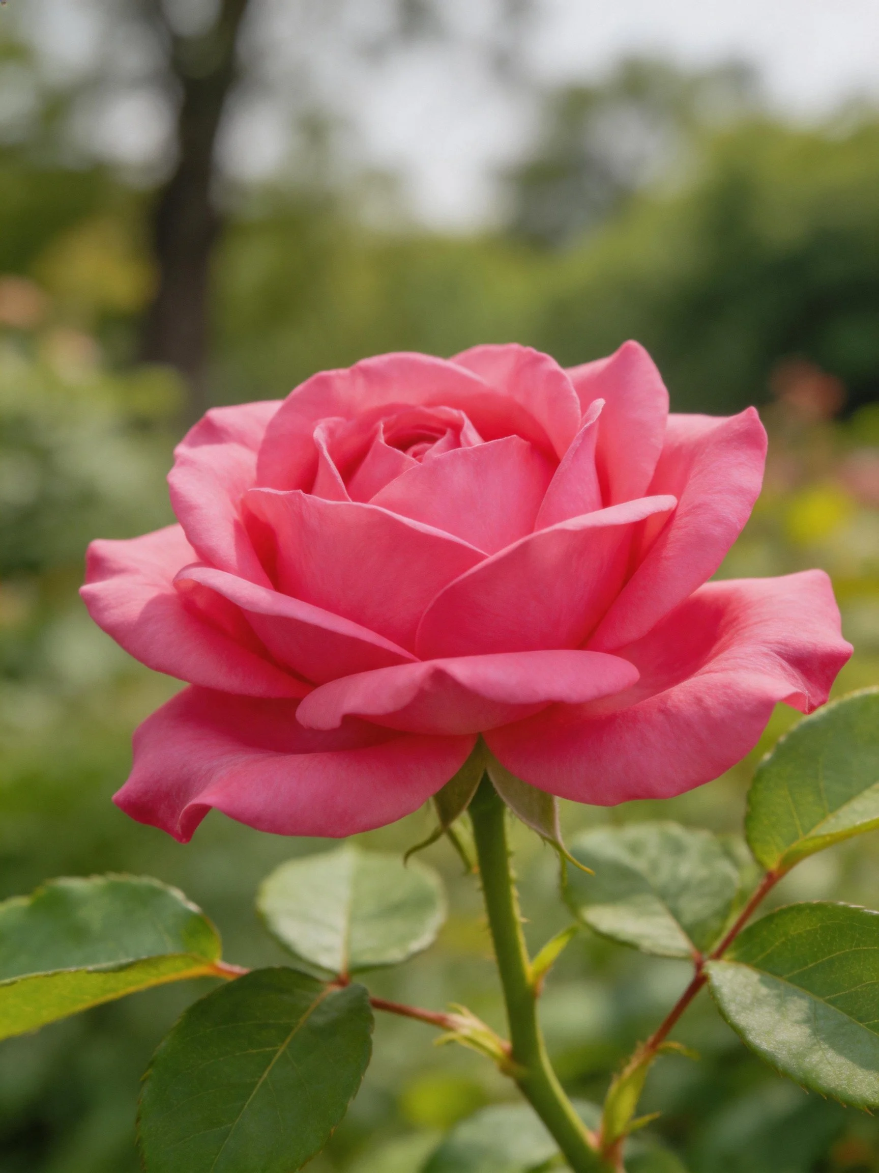 A vibrant pink rose in full bloom with green foliage