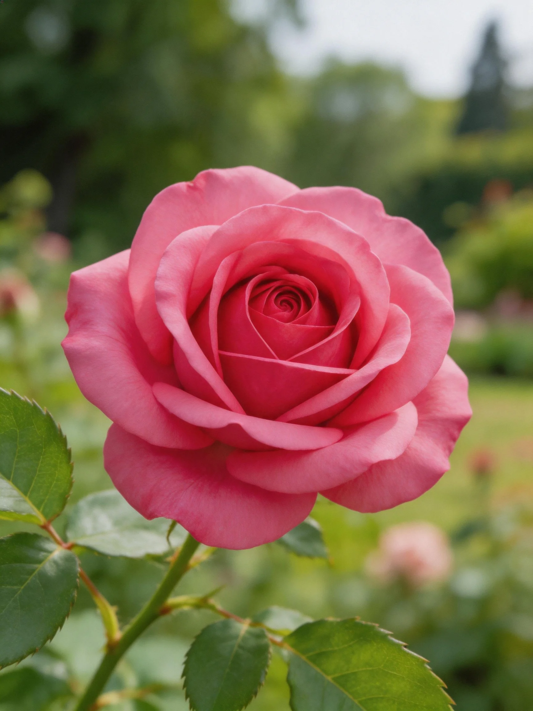 A vibrant pink rose in full bloom with layered petals