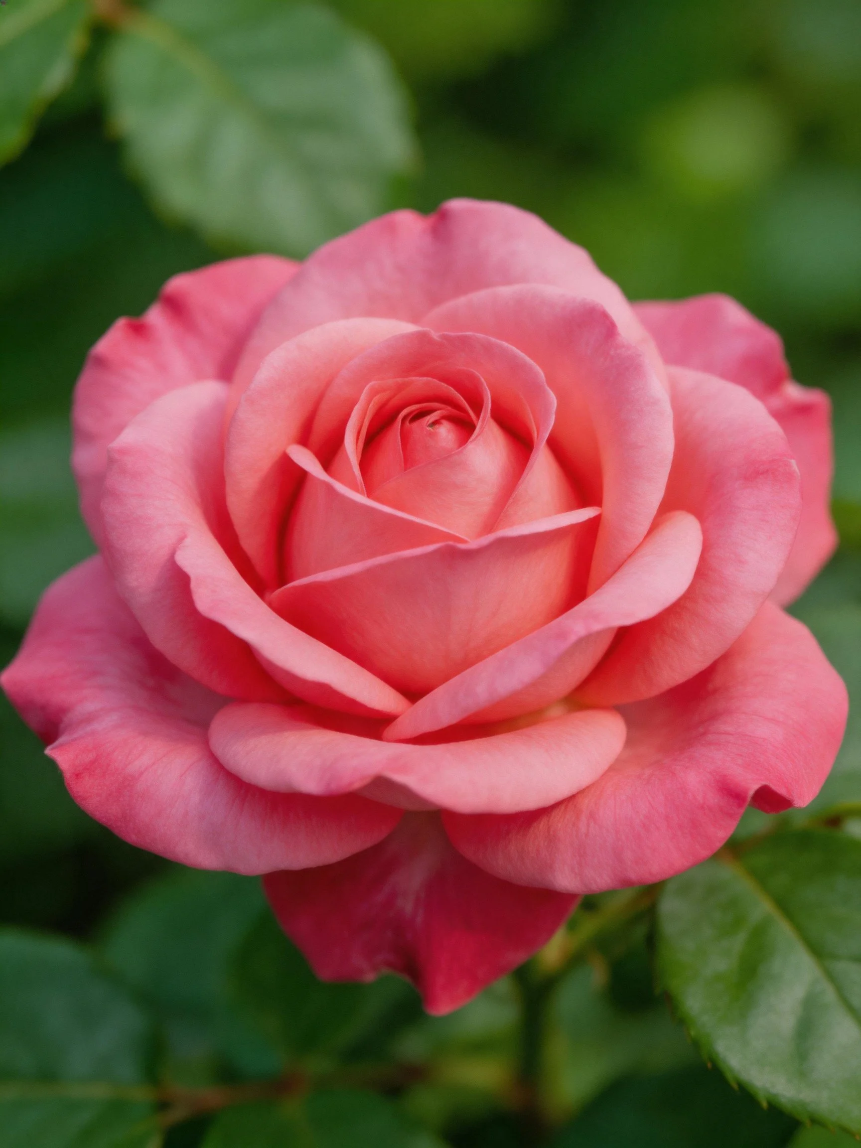 A vibrant pink rose in full bloom with lush green foliage