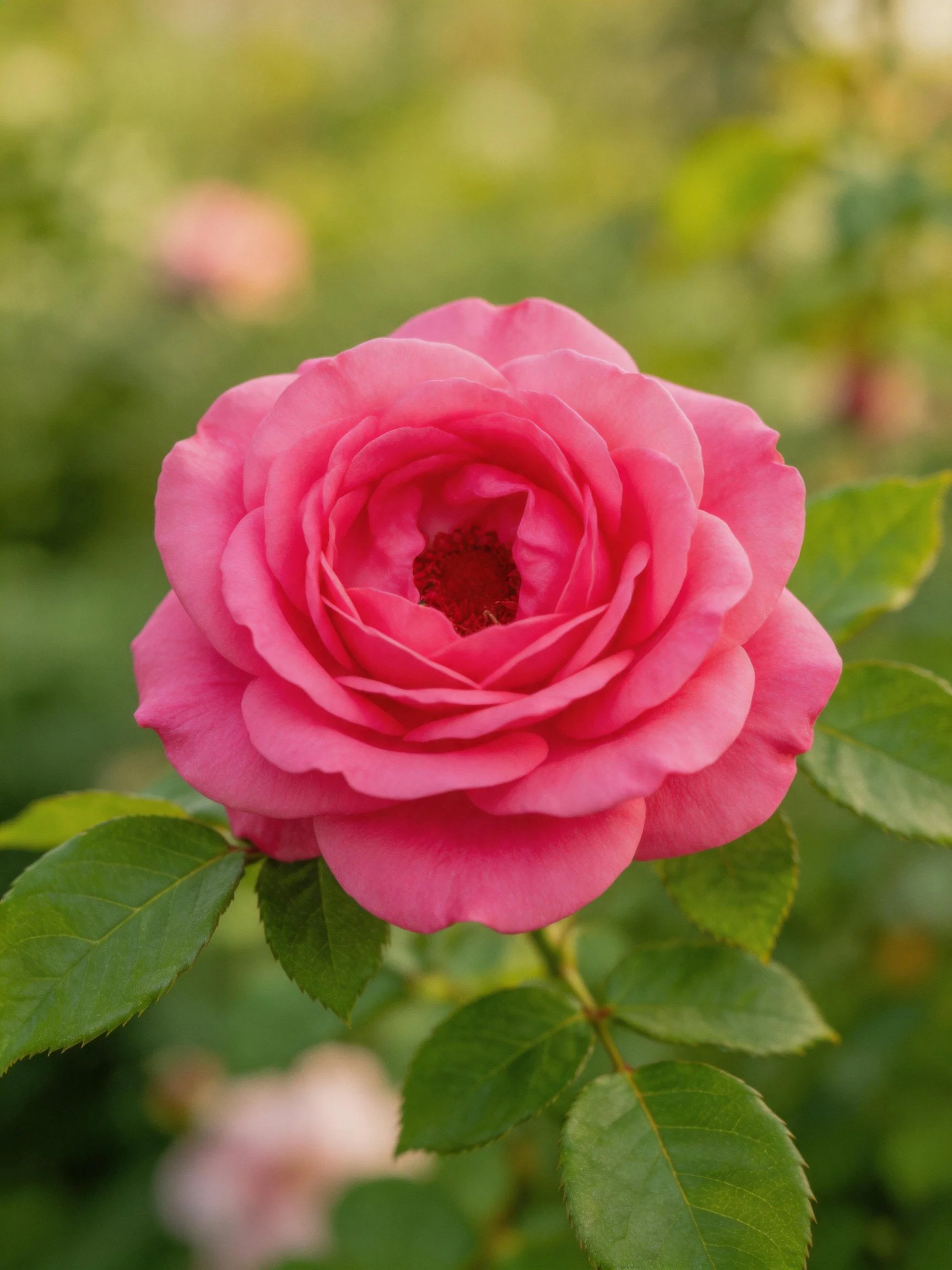 A vibrant pink rose in full bloom with lush green foliage