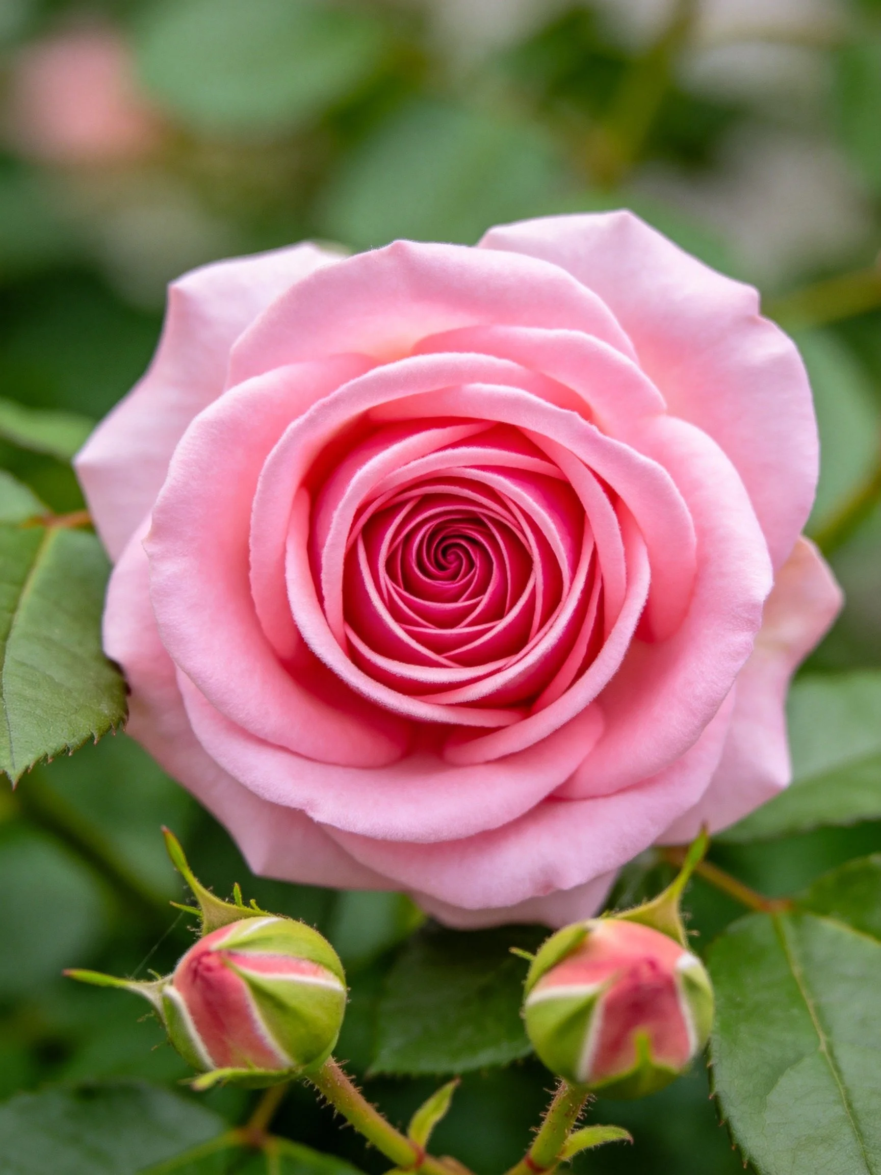 A vibrant pink rose in full bloom with two unopened buds