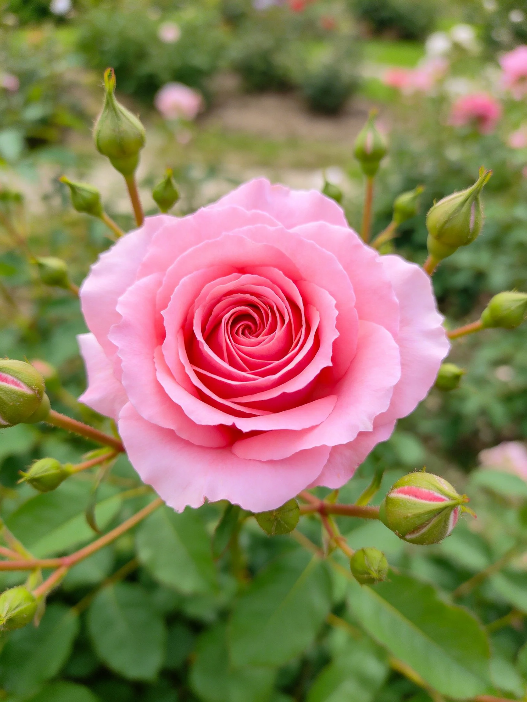 A vibrant pink rose surrounded by green flower buds in a garden