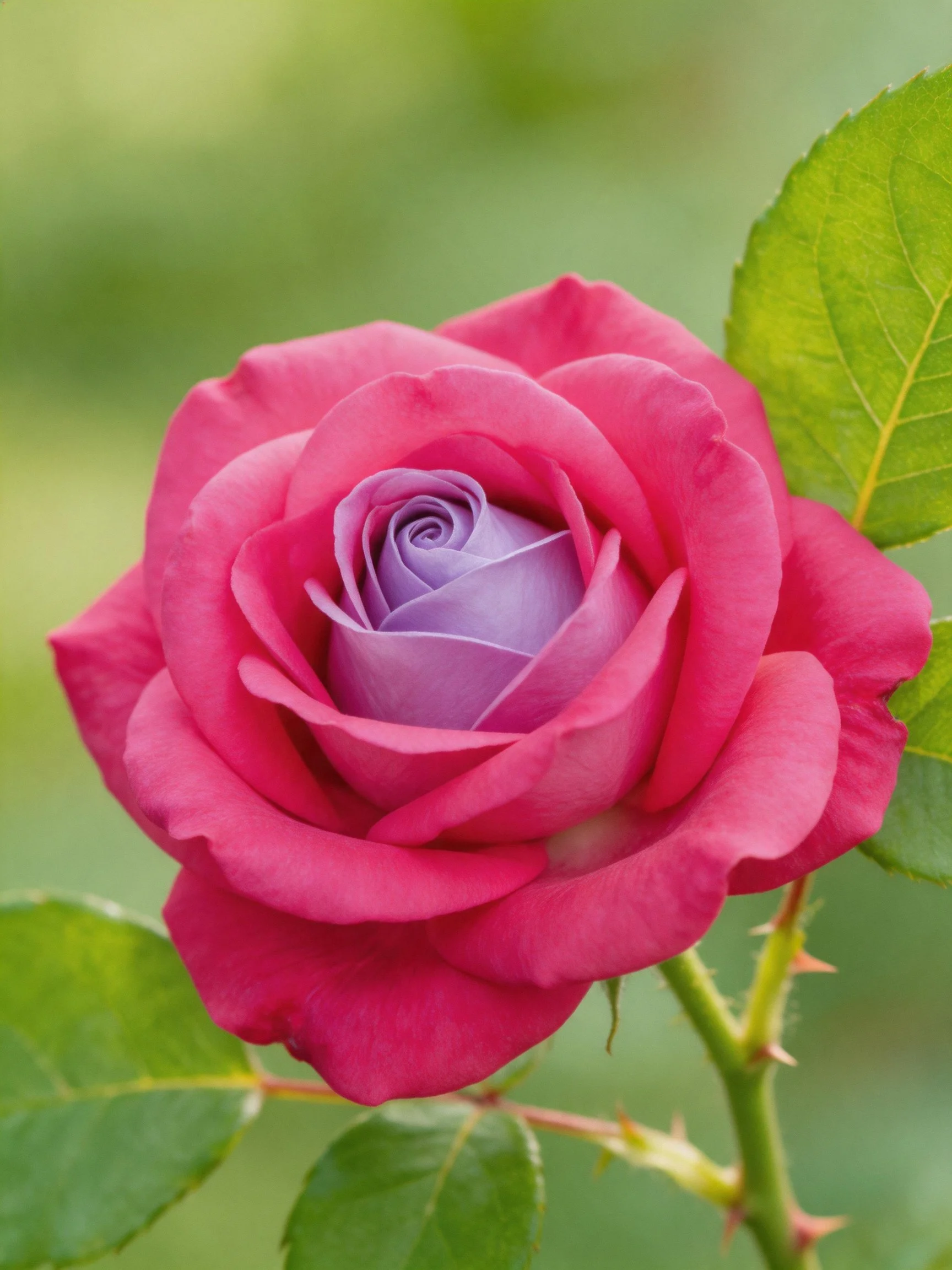 A vibrant pink rose with a purple center and green leaves