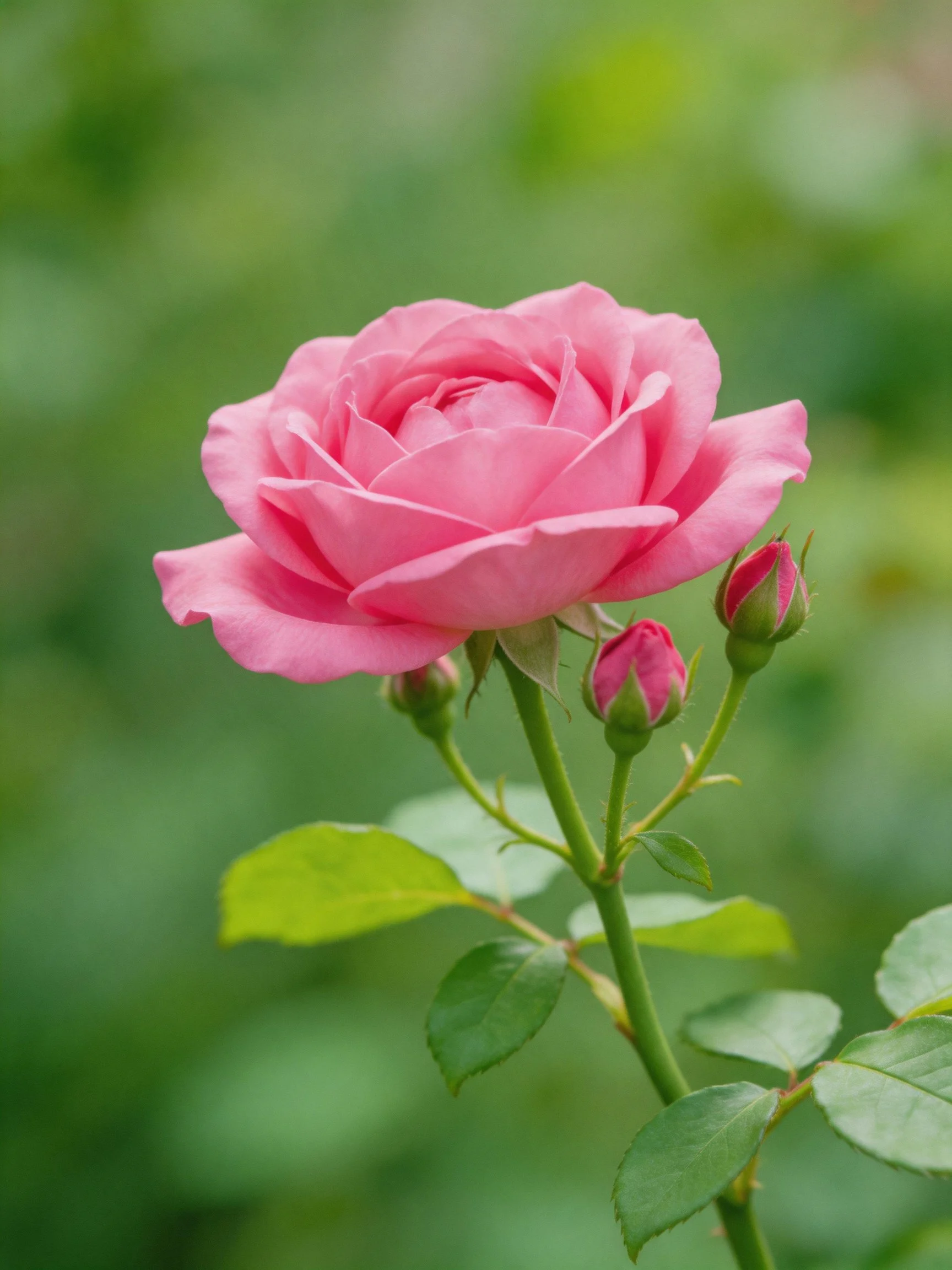 A vibrant pink rose with budding flowers and lush green leaves