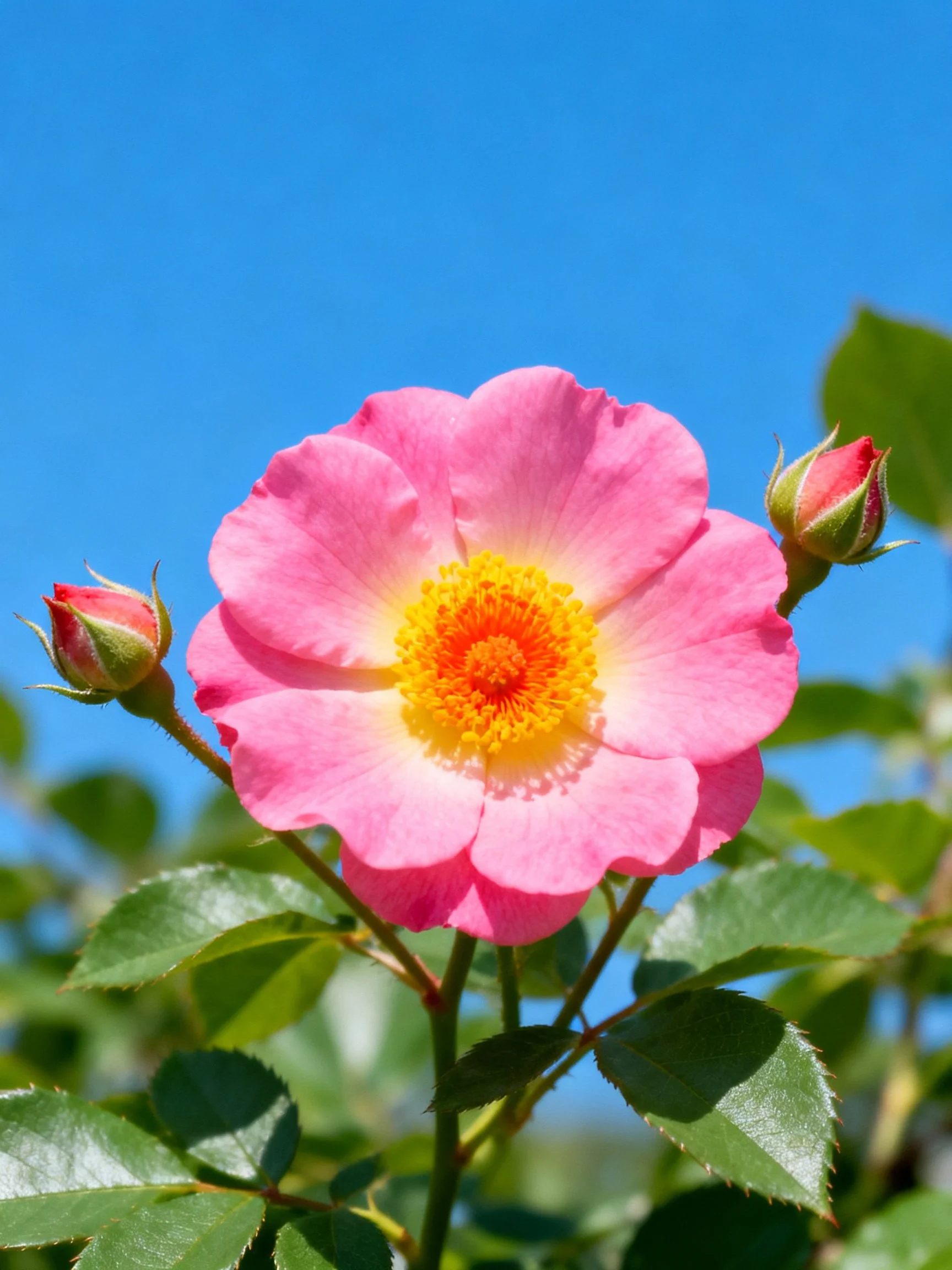 A vibrant pink rose with golden center blooms near two buds