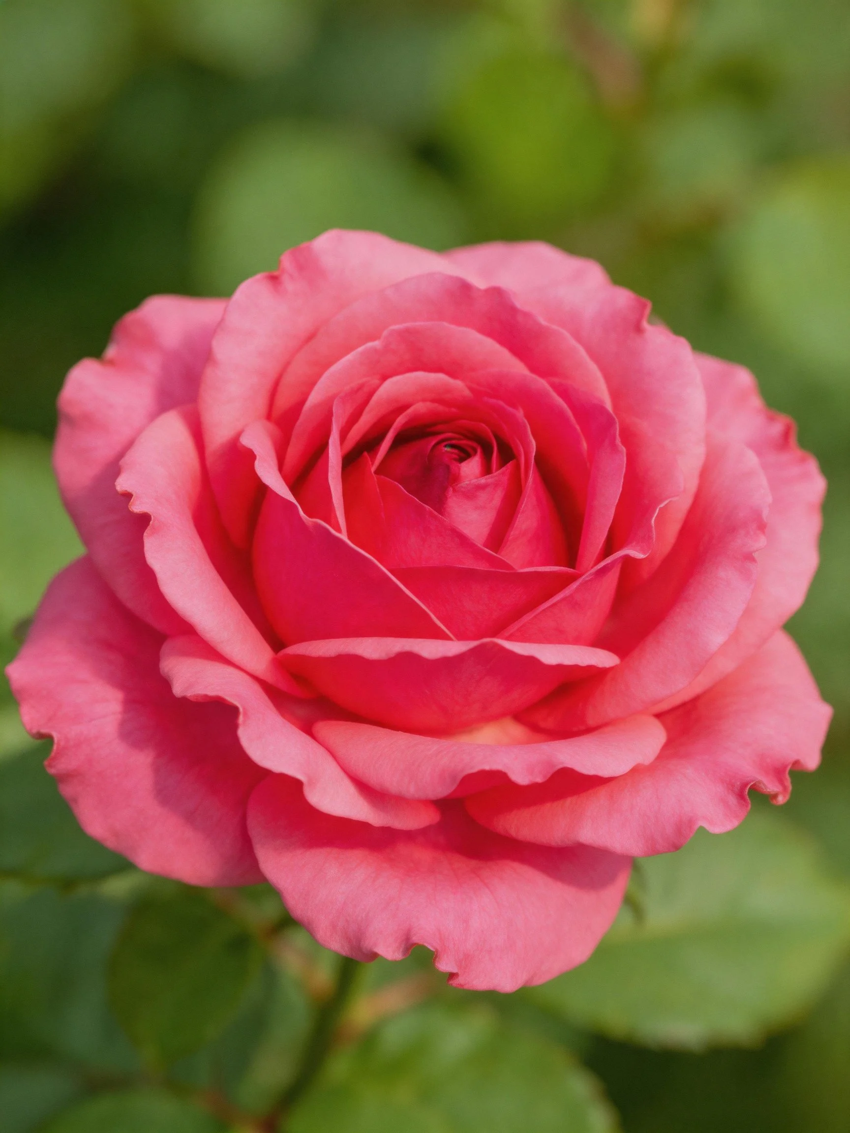 A vibrant pink rose with layered petals against green foliage