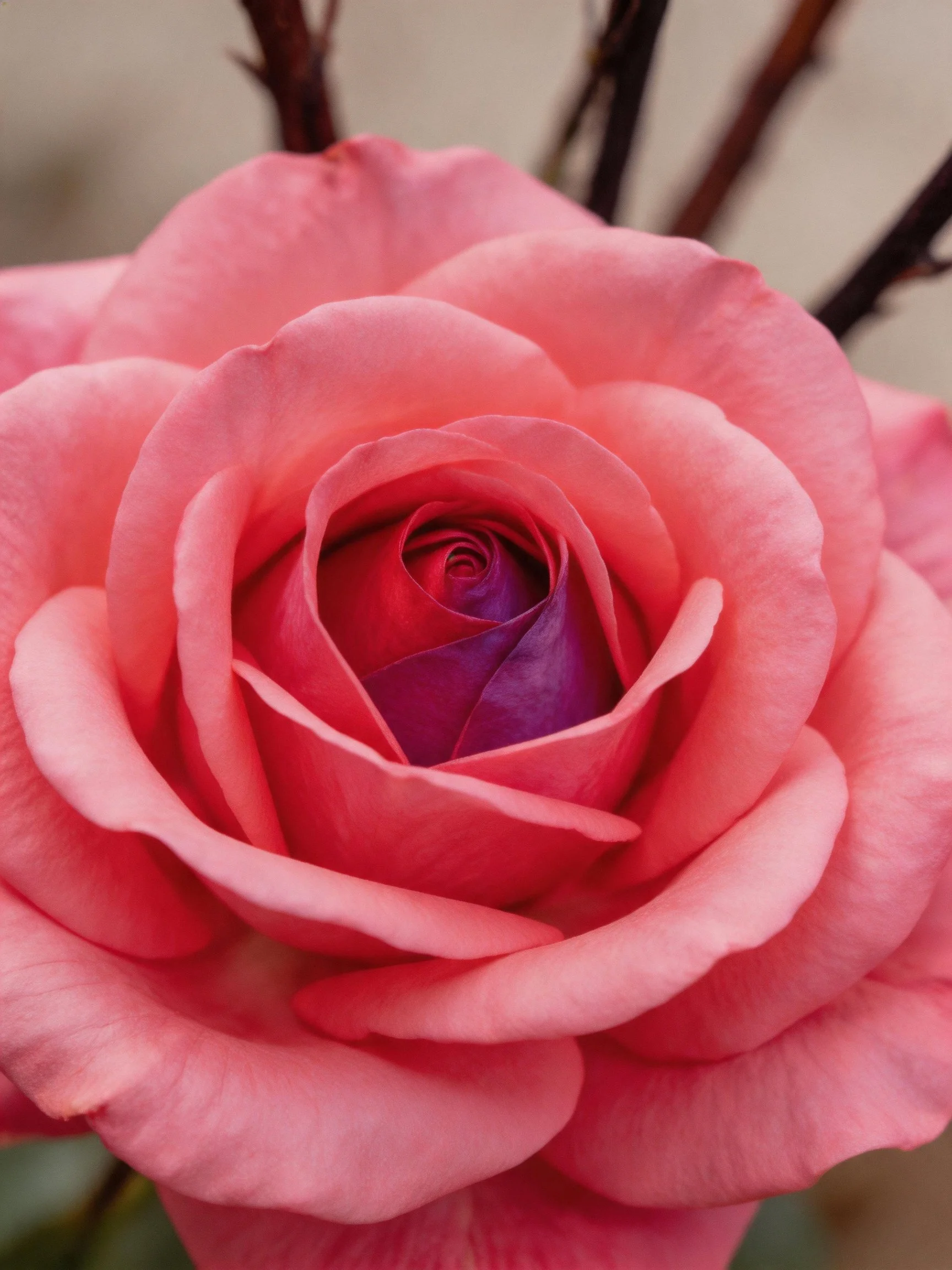 A vibrant pink rose with layered petals and a purple center