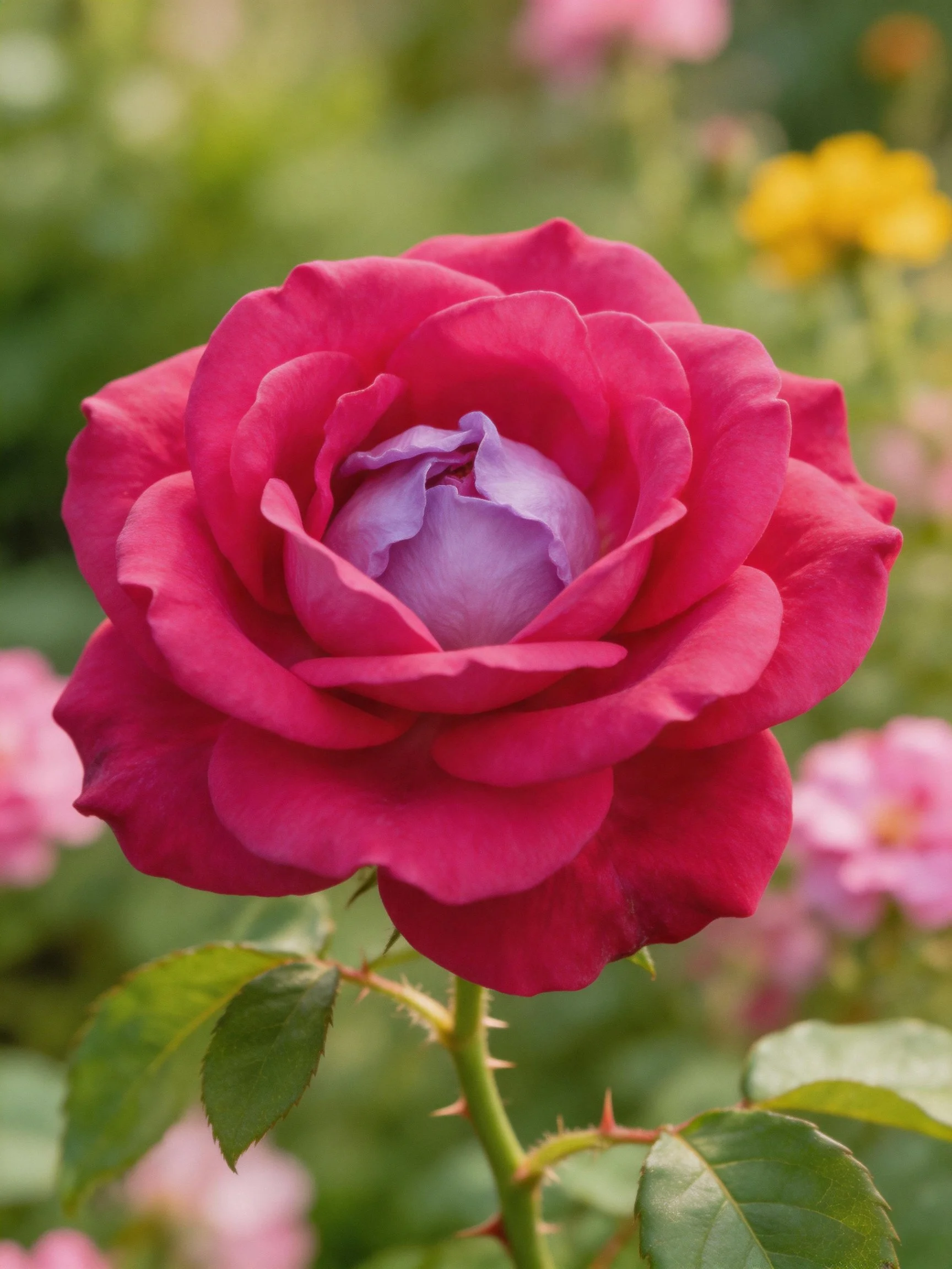A vibrant pink rose with layered petals and a purple center in a garden
