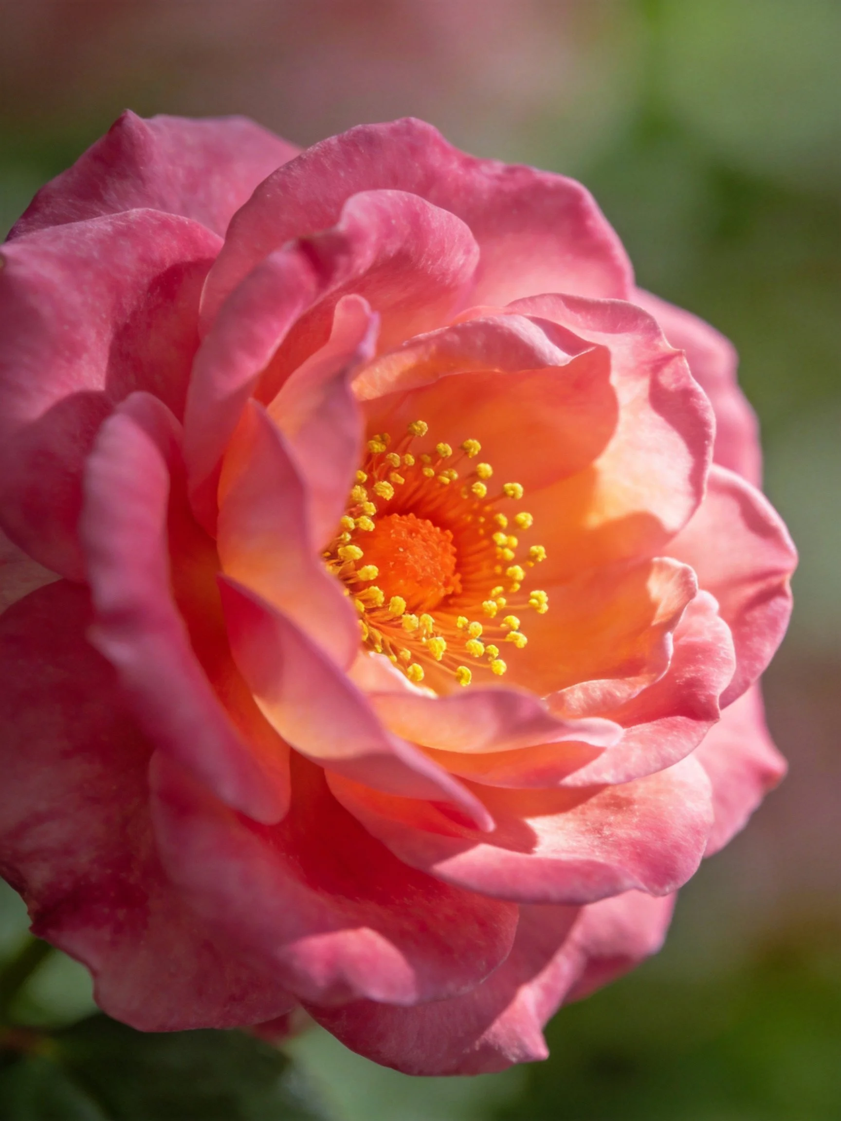 A vibrant pink rose with layered petals and golden stamens