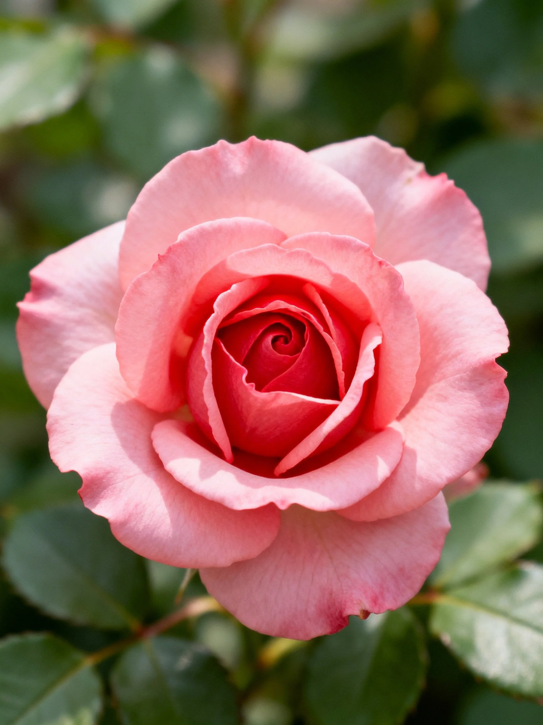 A vibrant pink rose with layered petals and green foliage