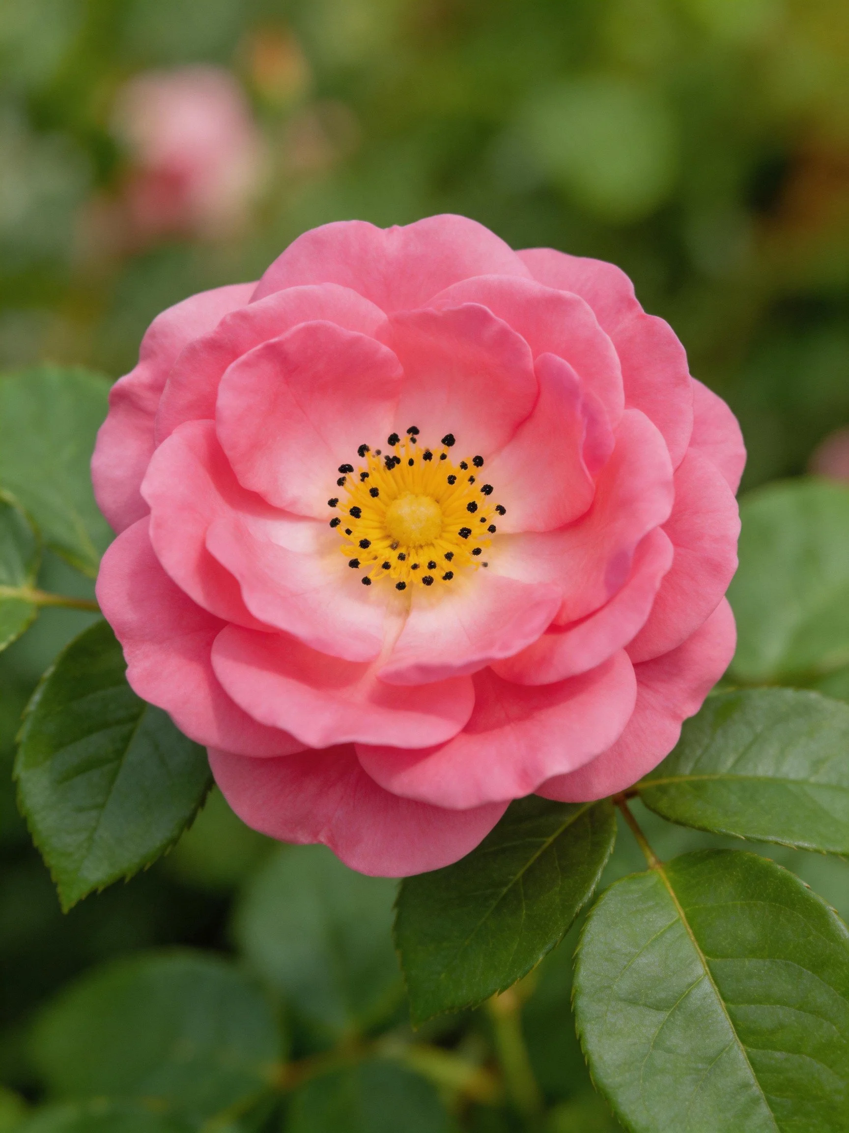 A vibrant pink rose with layered petals and green foliage