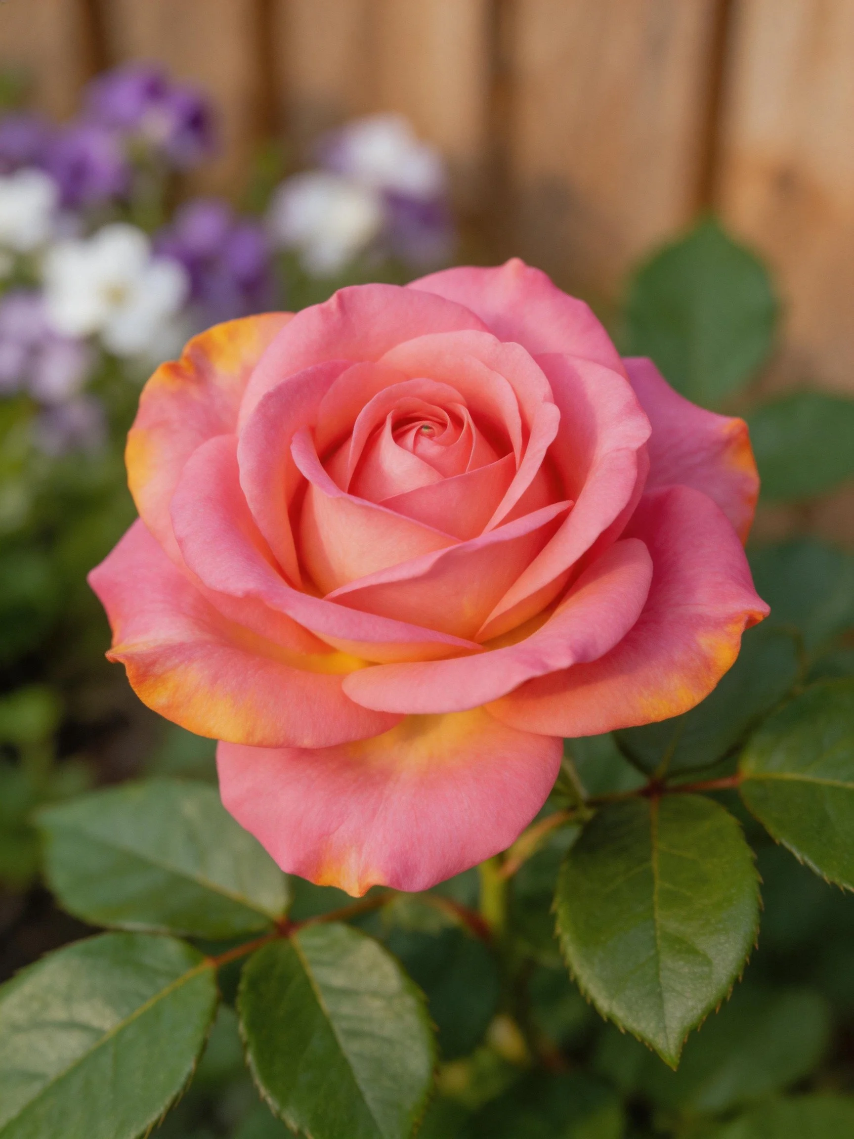 A vibrant pink rose with orange petal edges, surrounded by green leaves and blurred flowers