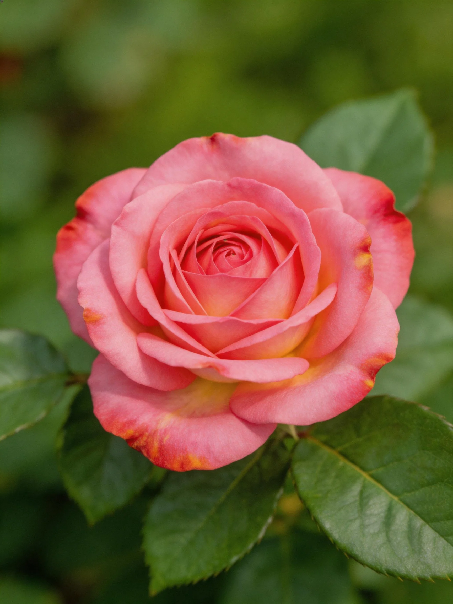 A vibrant pink rose with orange-tipped petals