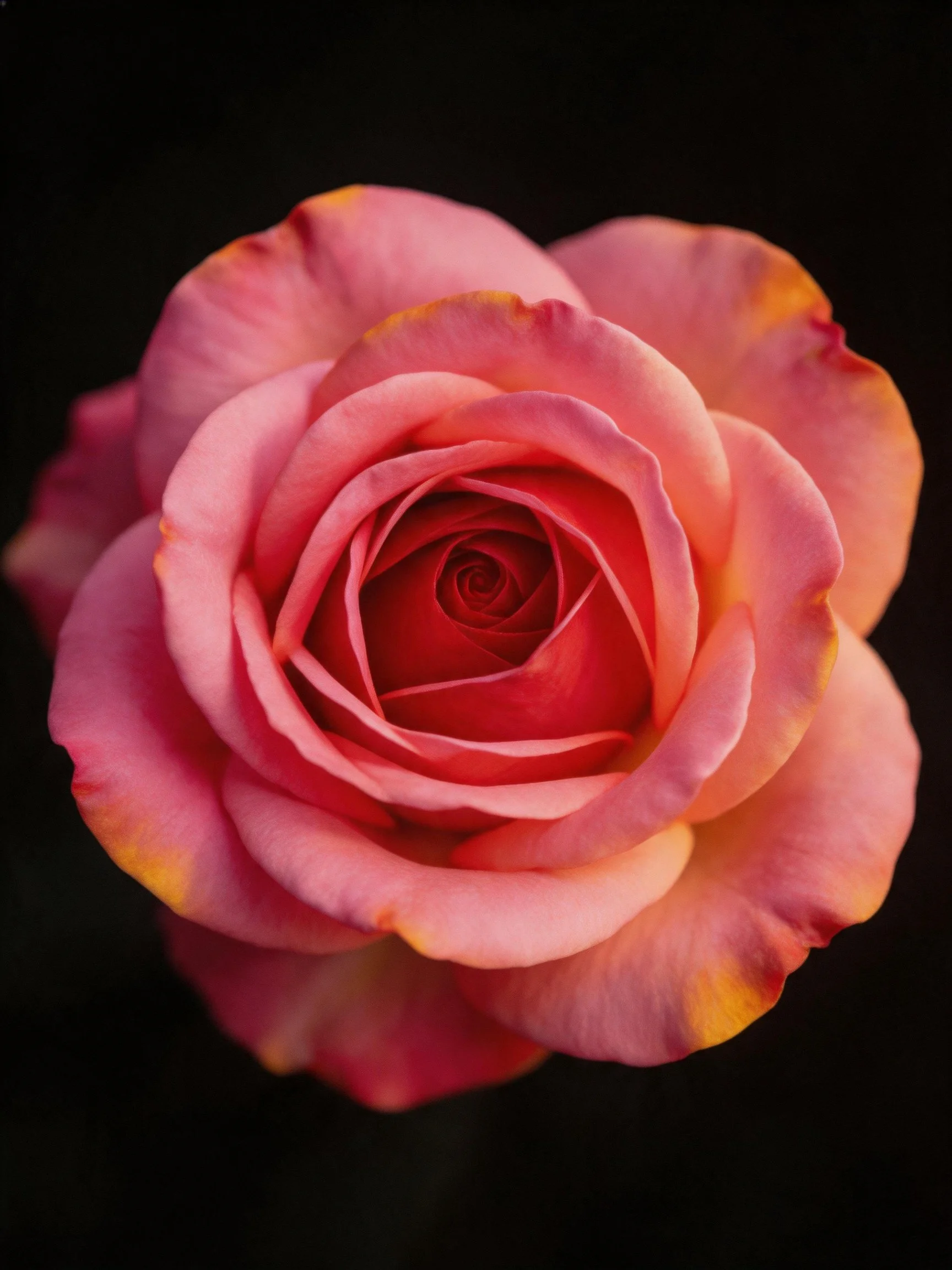 A vibrant pink rose with orange-tipped petals, photographed up close