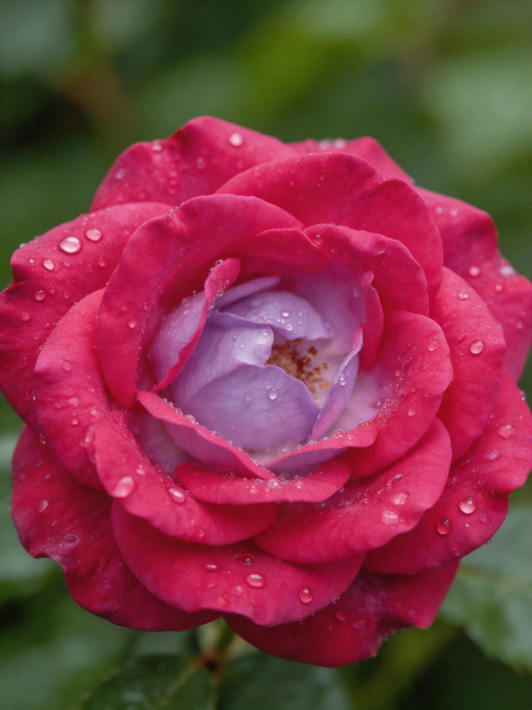 A vibrant pink rose with purple center and water droplets