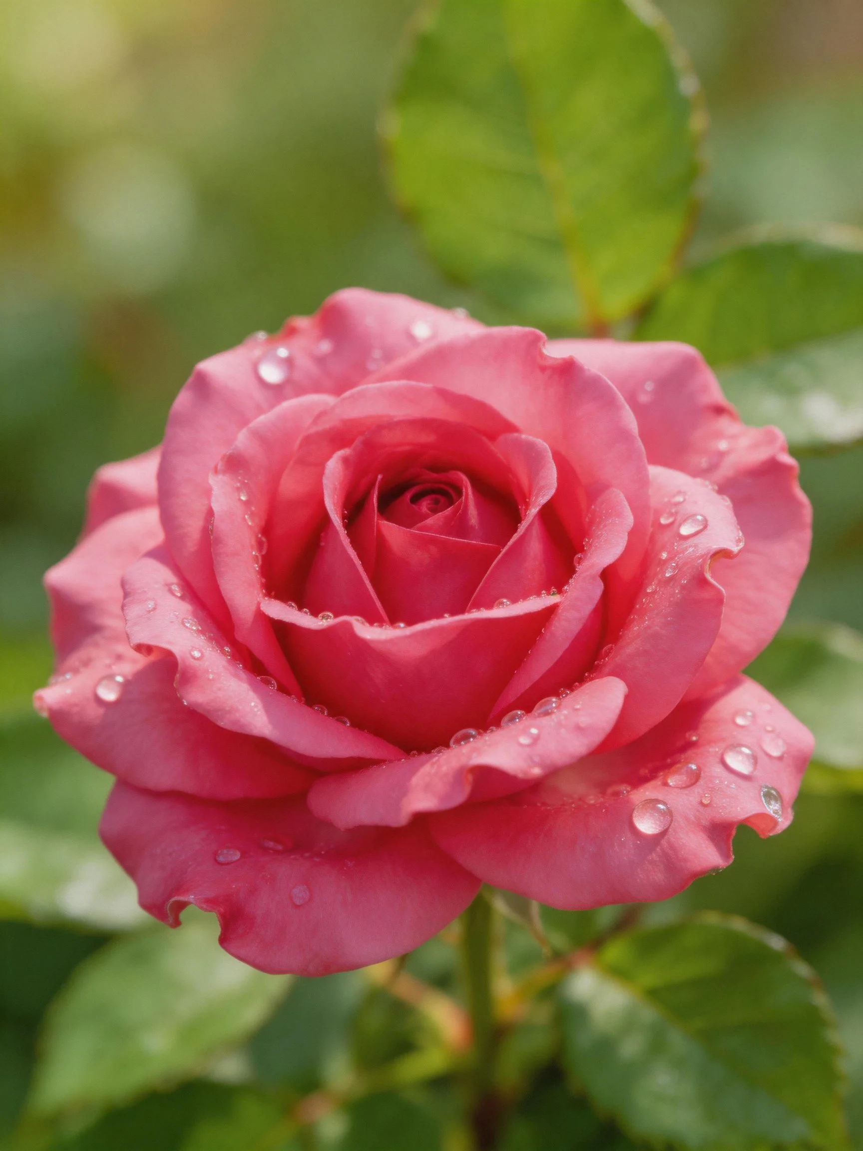 A vibrant pink rose with water droplets amid green leaves