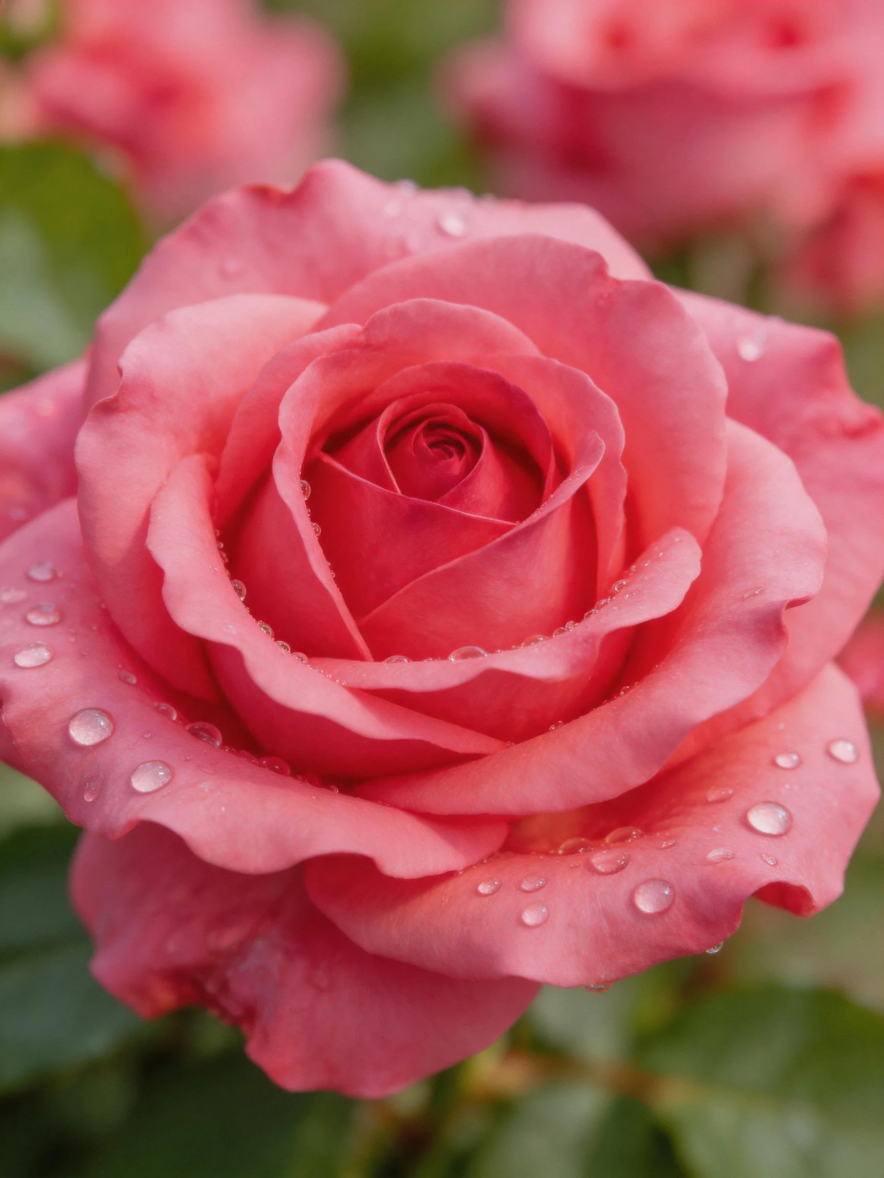 A vibrant pink rose with water droplets, close-up view